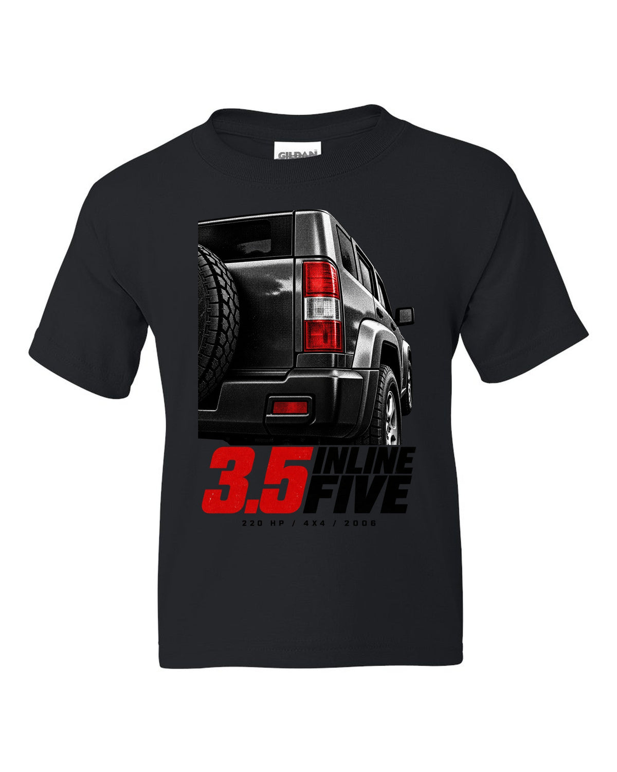 Macro print of a 2006-10 Hummer H3 taillight with engine lettering black kids tee front view with the design