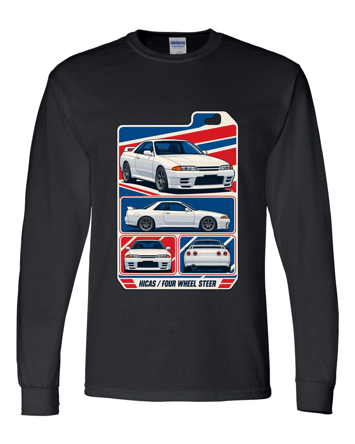 Varsity shield crest print for the Nissan Skyline GT-R R34 reading Allegedly 280 PS, Sure black long sleeve front view with the design