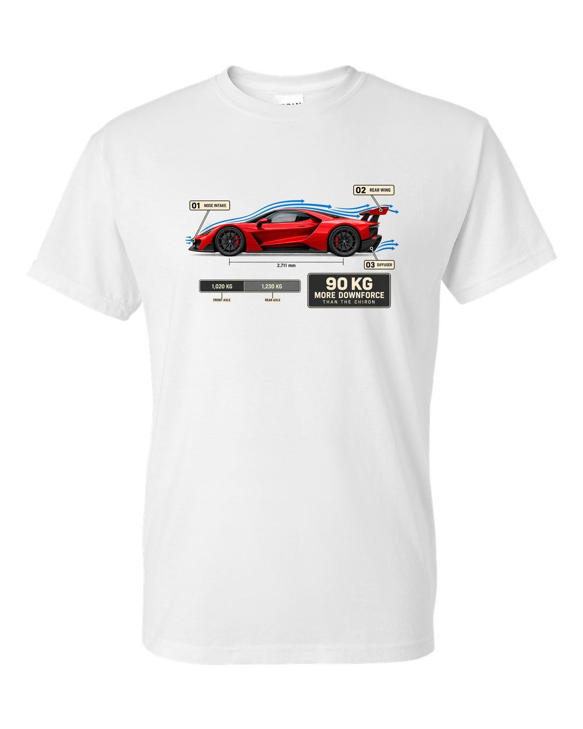 Bugatti Divo aero callouts diagram print about downforce versus Chiron white t-shirt front view with the design