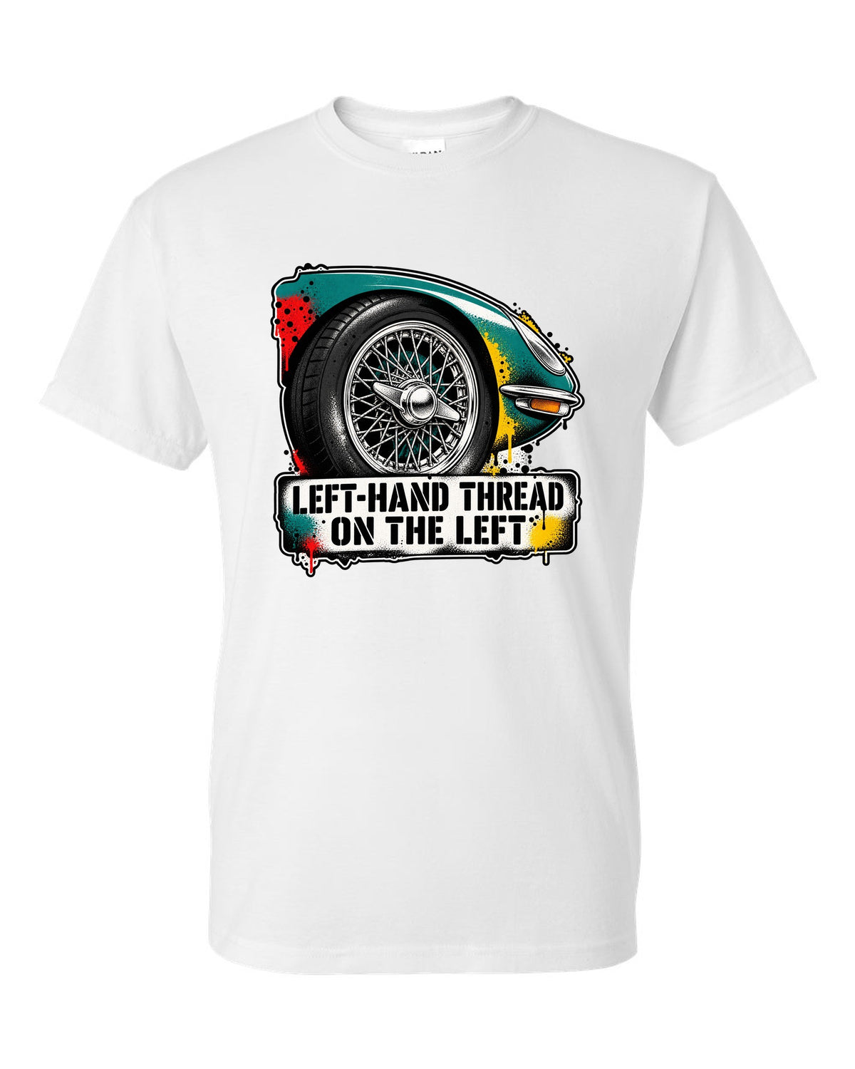 Jaguar E-Type Series 1 stencil spray with LEFT-HAND THREAD ON THE LEFT lettering white t-shirt front view with the design