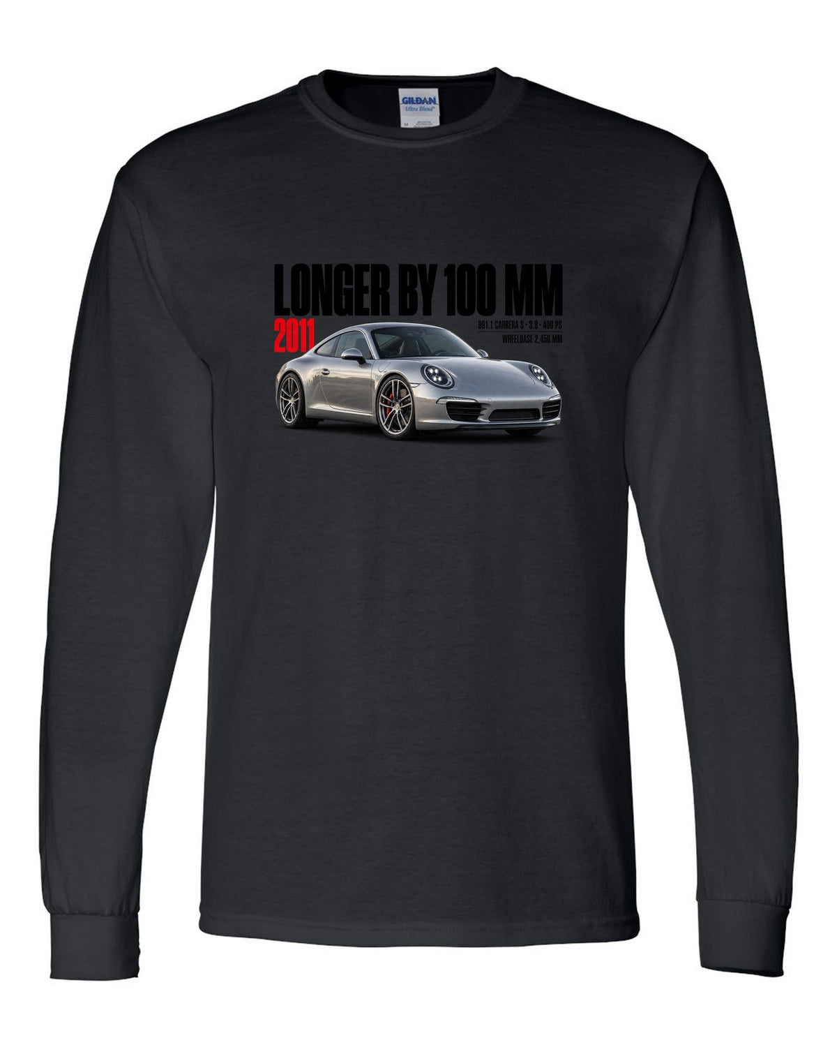 Editorial headline print of a Porsche 911 Carrera S 991.1 with longer-by-100-mm caption black long sleeve front view with the design