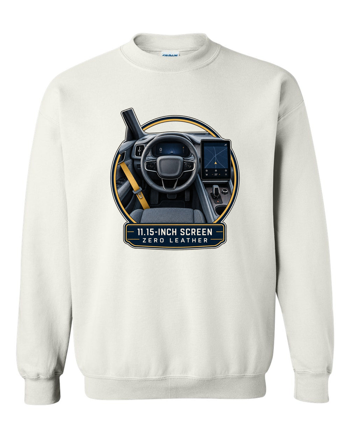 Polestar 2 cockpit with large centre screen, print design white crewneck front view with the design