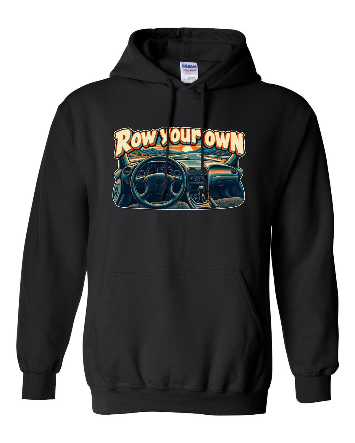 Risograph halftone Ford Mustang SN95 with the words Row your own black pull over hoodie front view with the design