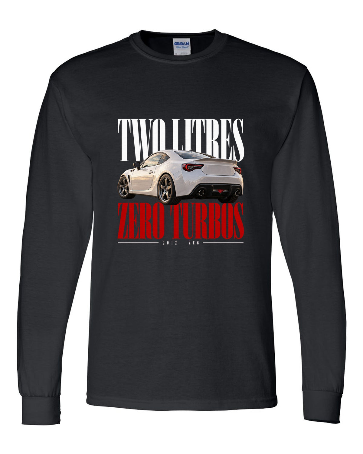 Editorial headline print for the Subaru BRZ ZC6 reading Two Litres, Zero Turbos, ZC6, 2012 black long sleeve front view with the design