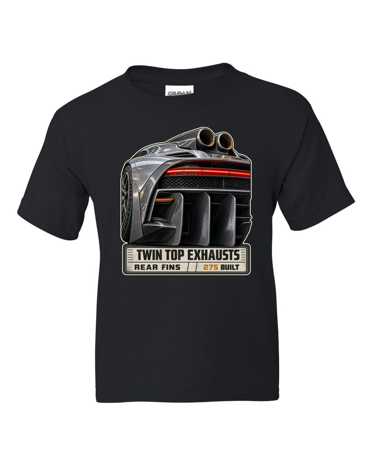 Mercedes-AMG One rear taillight and twin top exhaust macro black kids tee front view with the design