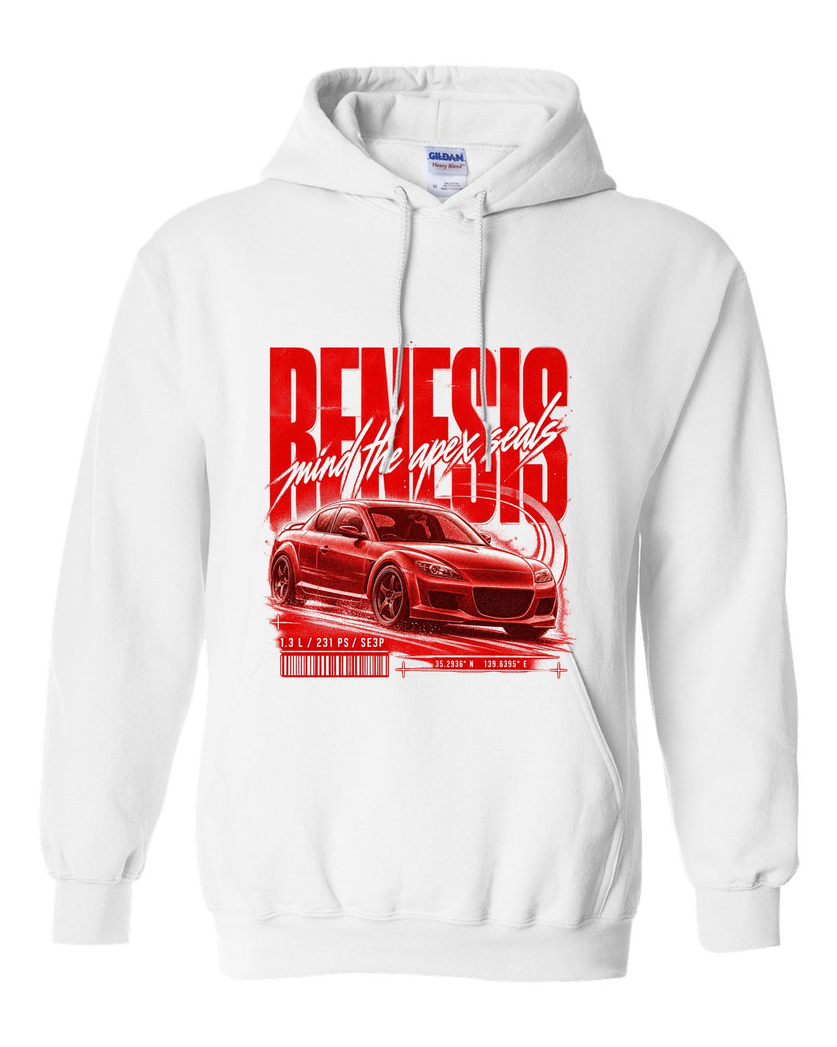 Street poster print of a Mazda RX-8 SE3P Series 1 with Renesis lettering white pull over hoodie front view with the design