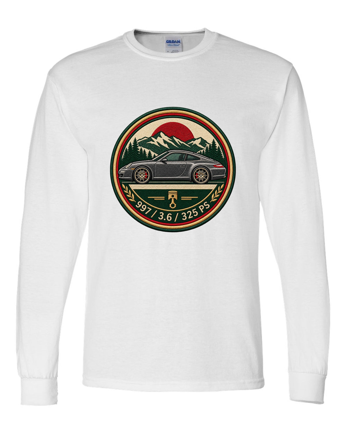 Round crest print of a Porsche 911 996 with the text 996, 3.4 and 300 PS white long sleeve front view with the design