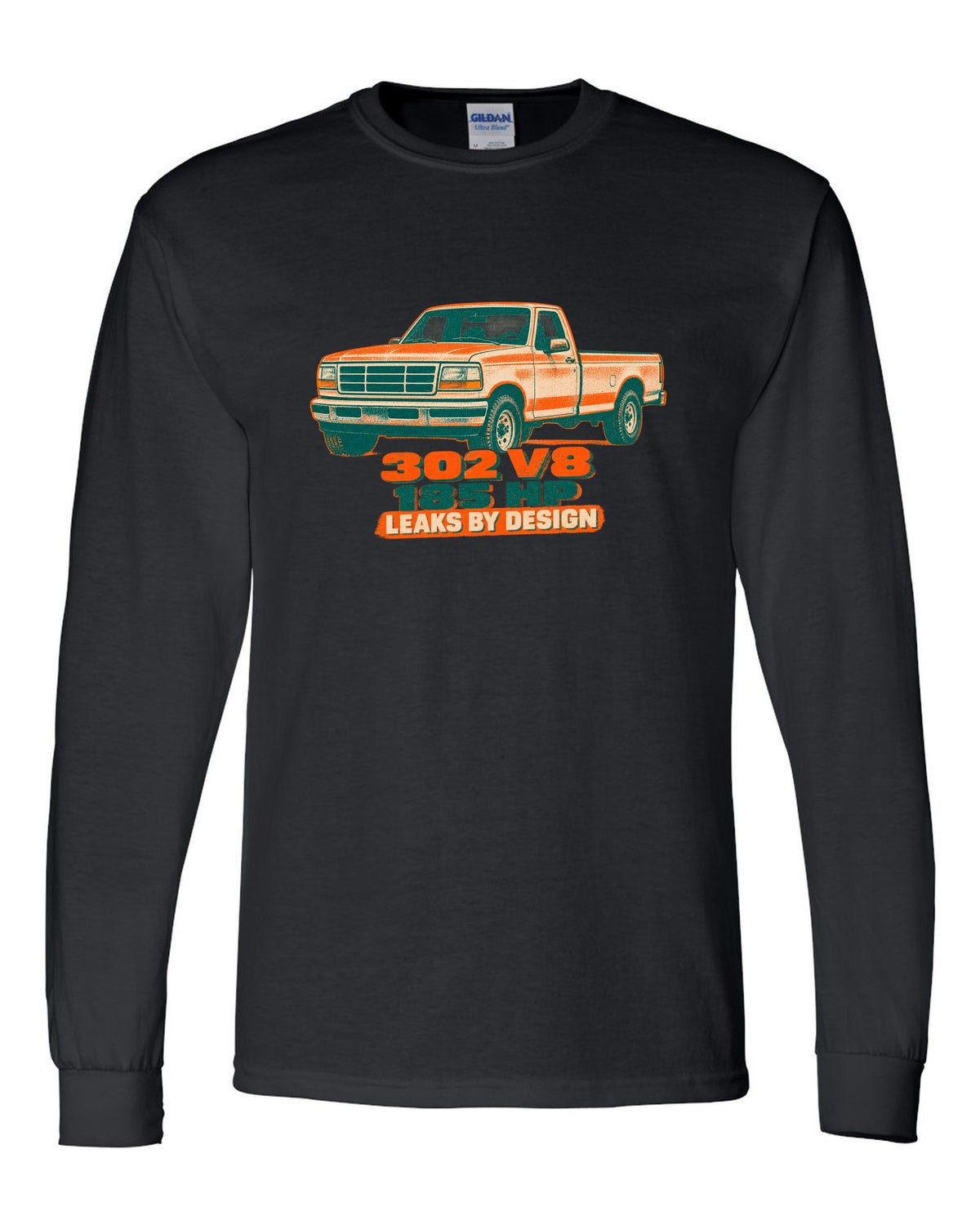 Risograph-style art of a 1992-97 Ford F-150 OBS tailgate in mud with 302 V8 185 HP lettering black long sleeve front view with the design