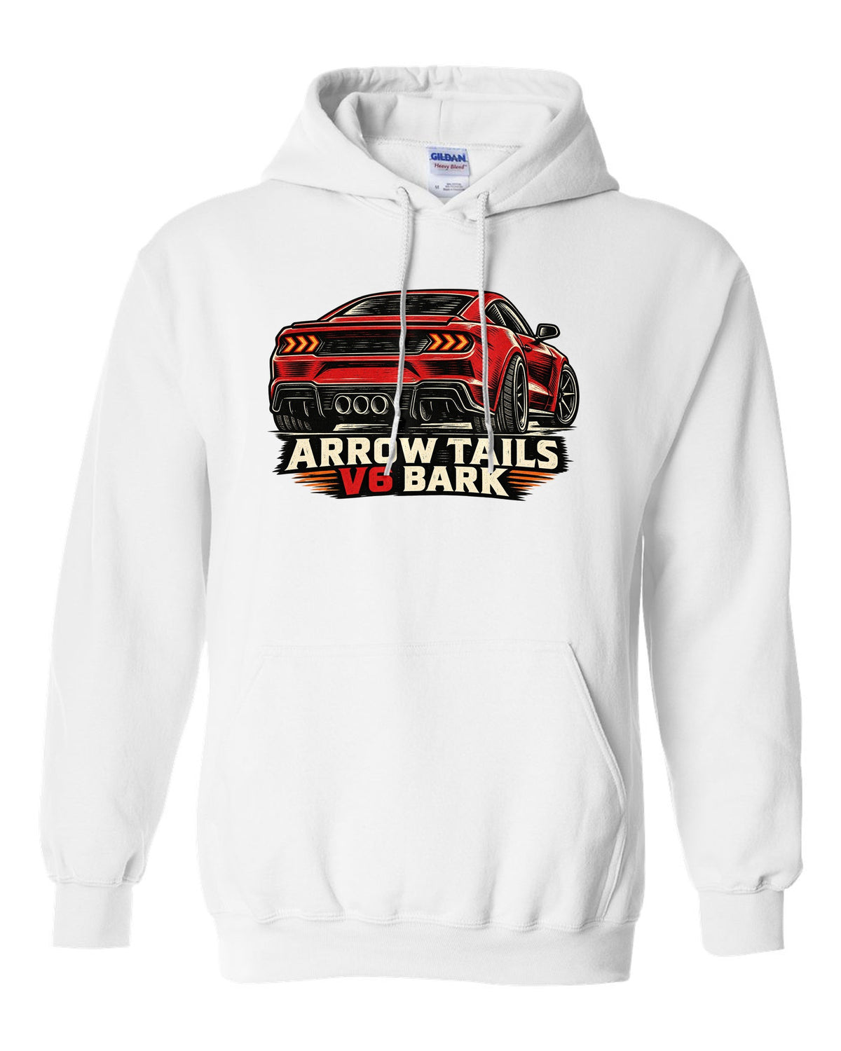 Linocut woodcut print of a Hyundai Genesis Coupe BK2 rear with arrow tails V6 bark text white pull over hoodie front view with the design