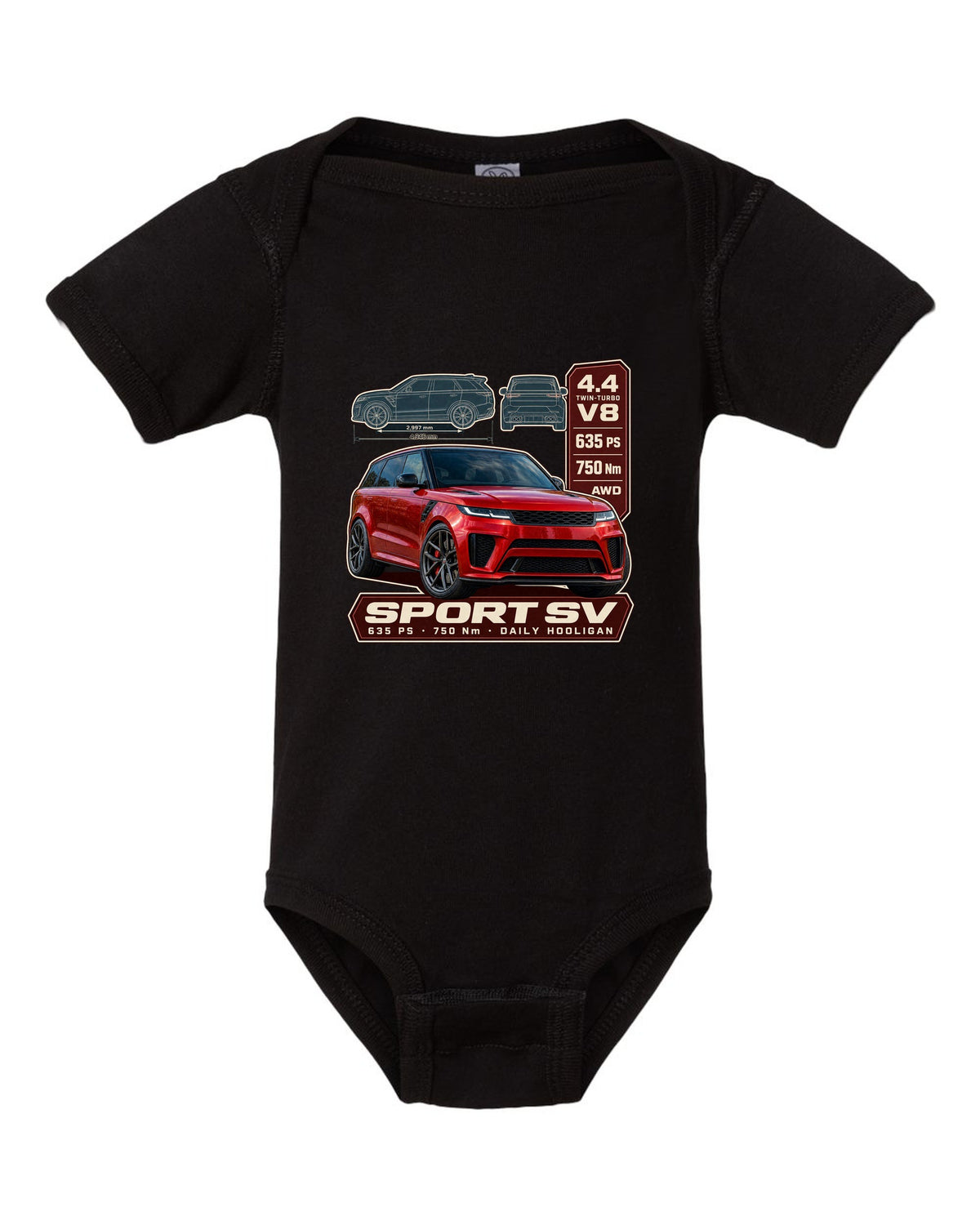 Spec poster print of the Range Rover Sport SV L461 with power and torque black baby onesie front view with the design