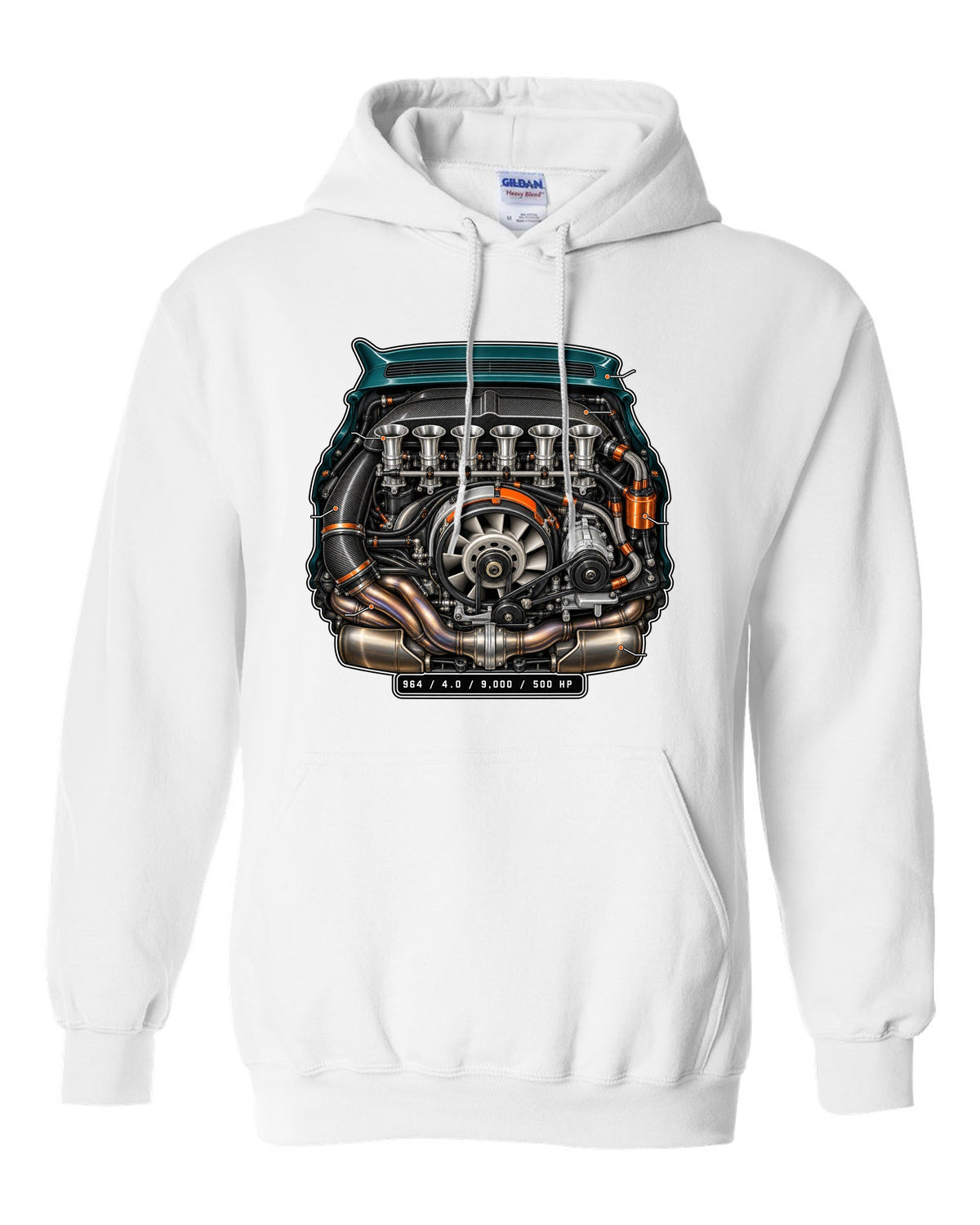 Porsche 911 SC 3.0 embroidery-style crest design reading head stud roulette white pull over hoodie front view with the design