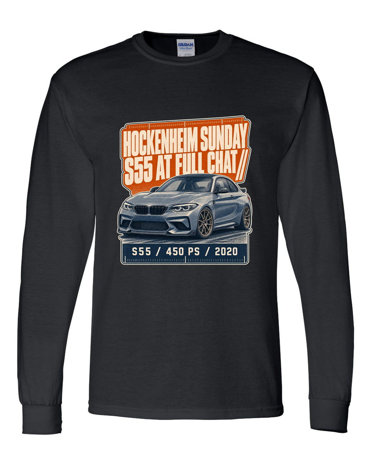 BMW M2 CS F87 halftone statement print with Hockenheim Sunday and S55 text black long sleeve front view with the design