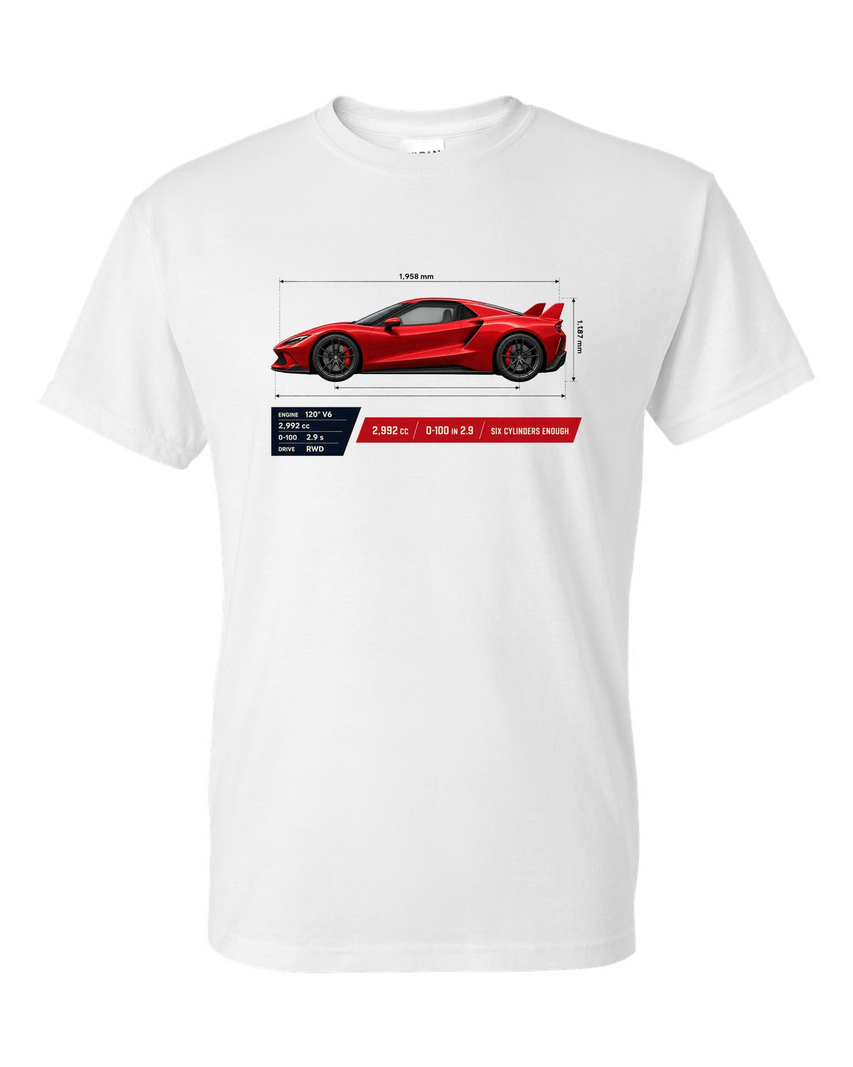 Ferrari 296 GTB spec poster print with 2,992 cc and 0-100 in 2.9 white t-shirt front view with the design