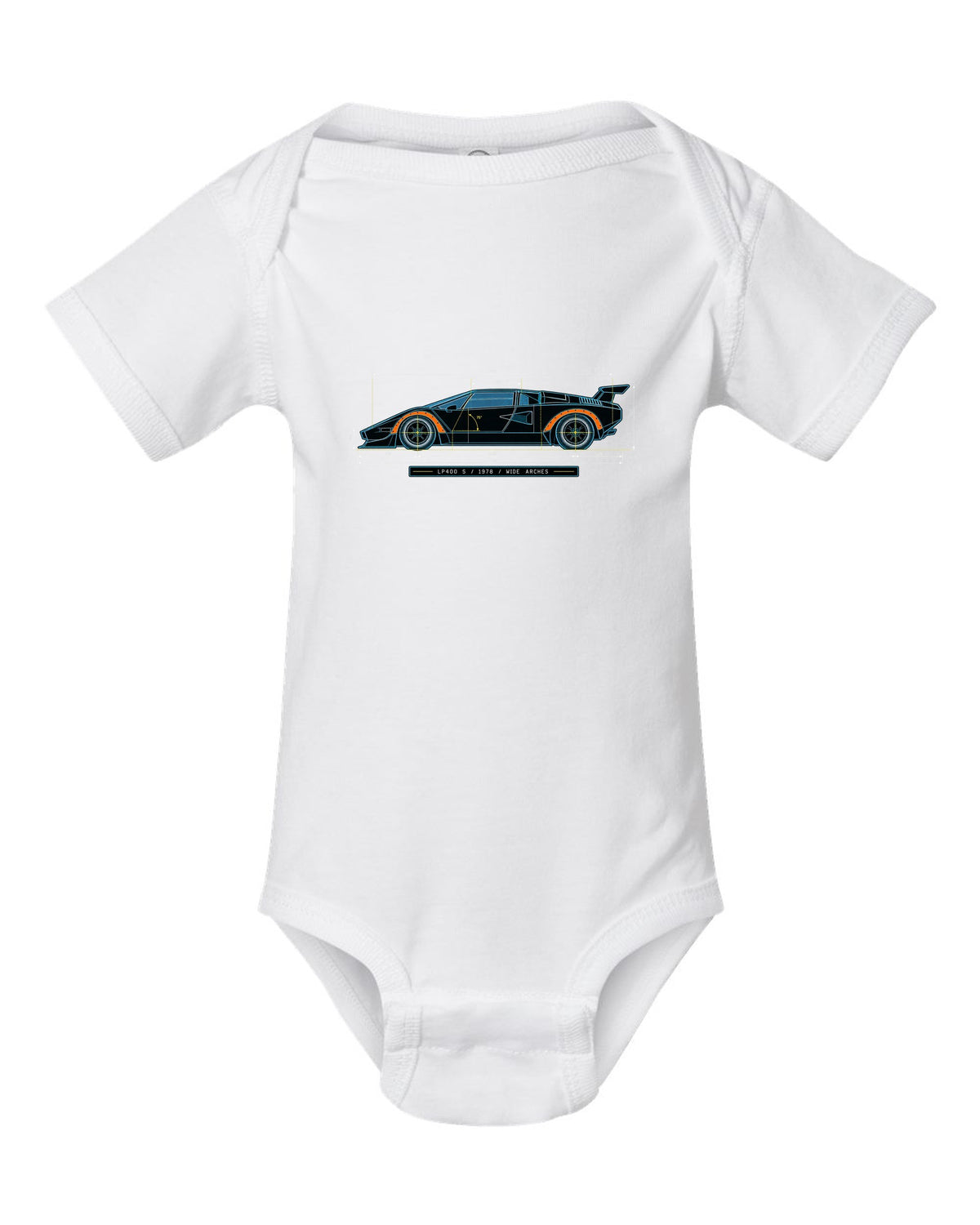 Blueprint patent line art of a Lamborghini Countach LP400 S 1978 with wide arches text white baby onesie front view with the design