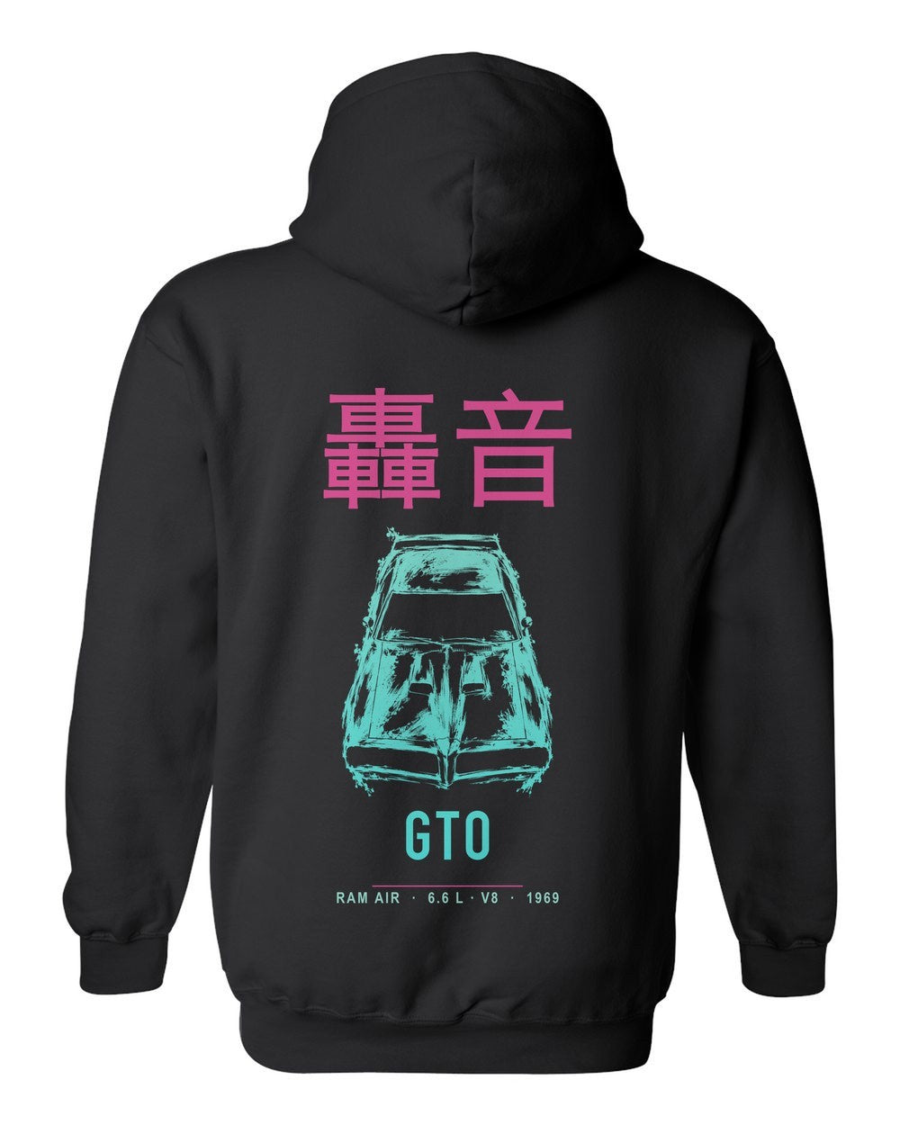 GTO full-back artwork black pull over hoodie back view with the design