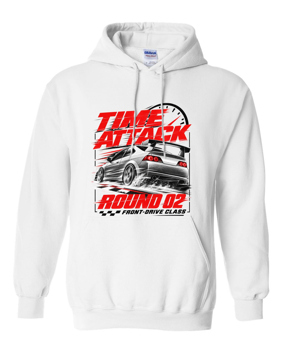 Honda Integra DC5 Type R race poster design for time attack round 02 front-drive class white pull over hoodie front view with the design