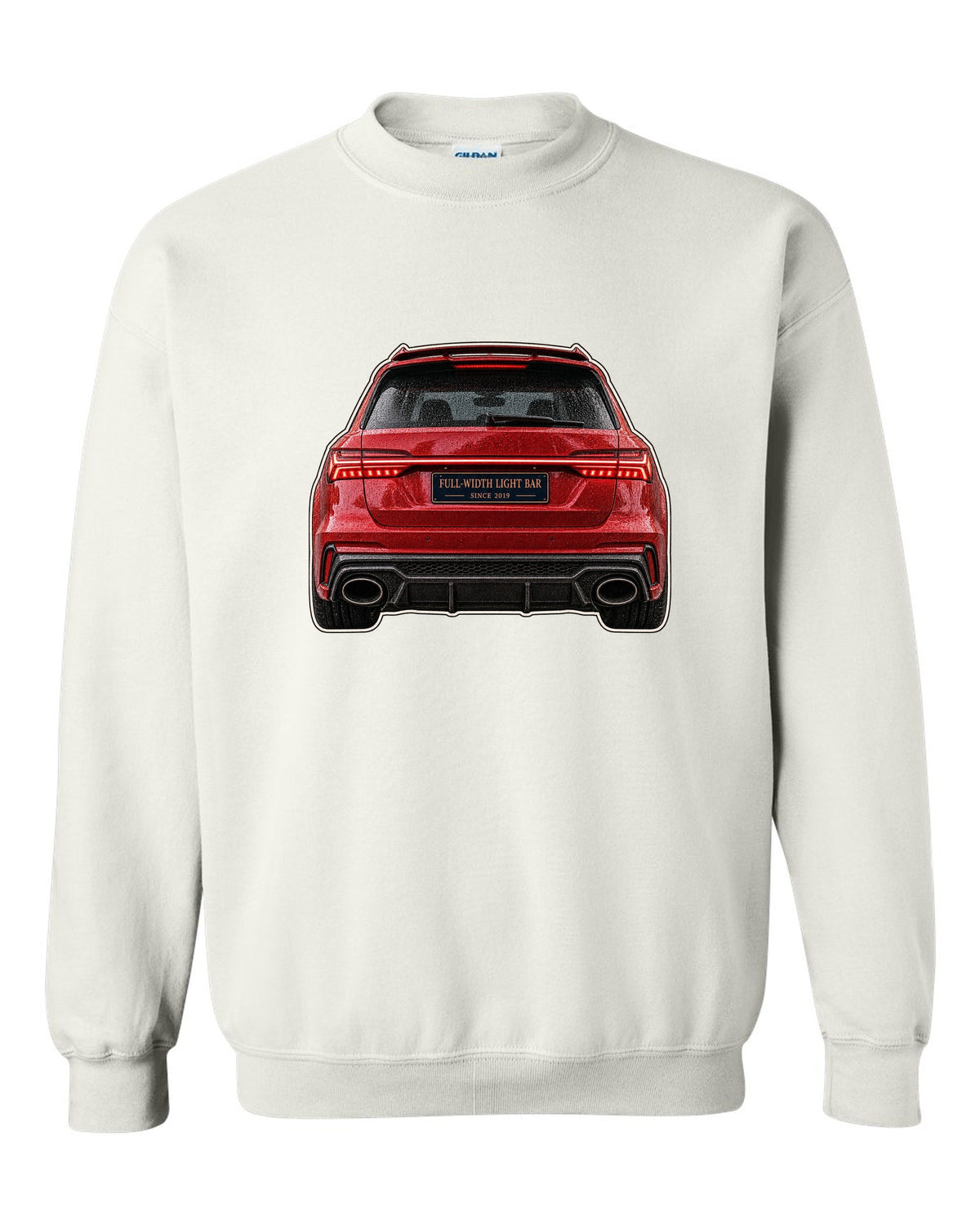 Close-up print of the full-width taillight bar on an Audi RS6 Avant C8 white crewneck front view with the design