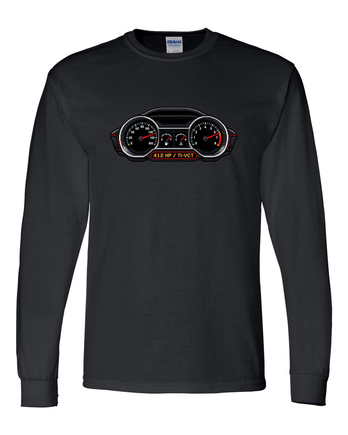 Pixel art 2005-2014 S197 Ford Mustang fastback with Coyote 412 HP gauges black long sleeve front view with the design