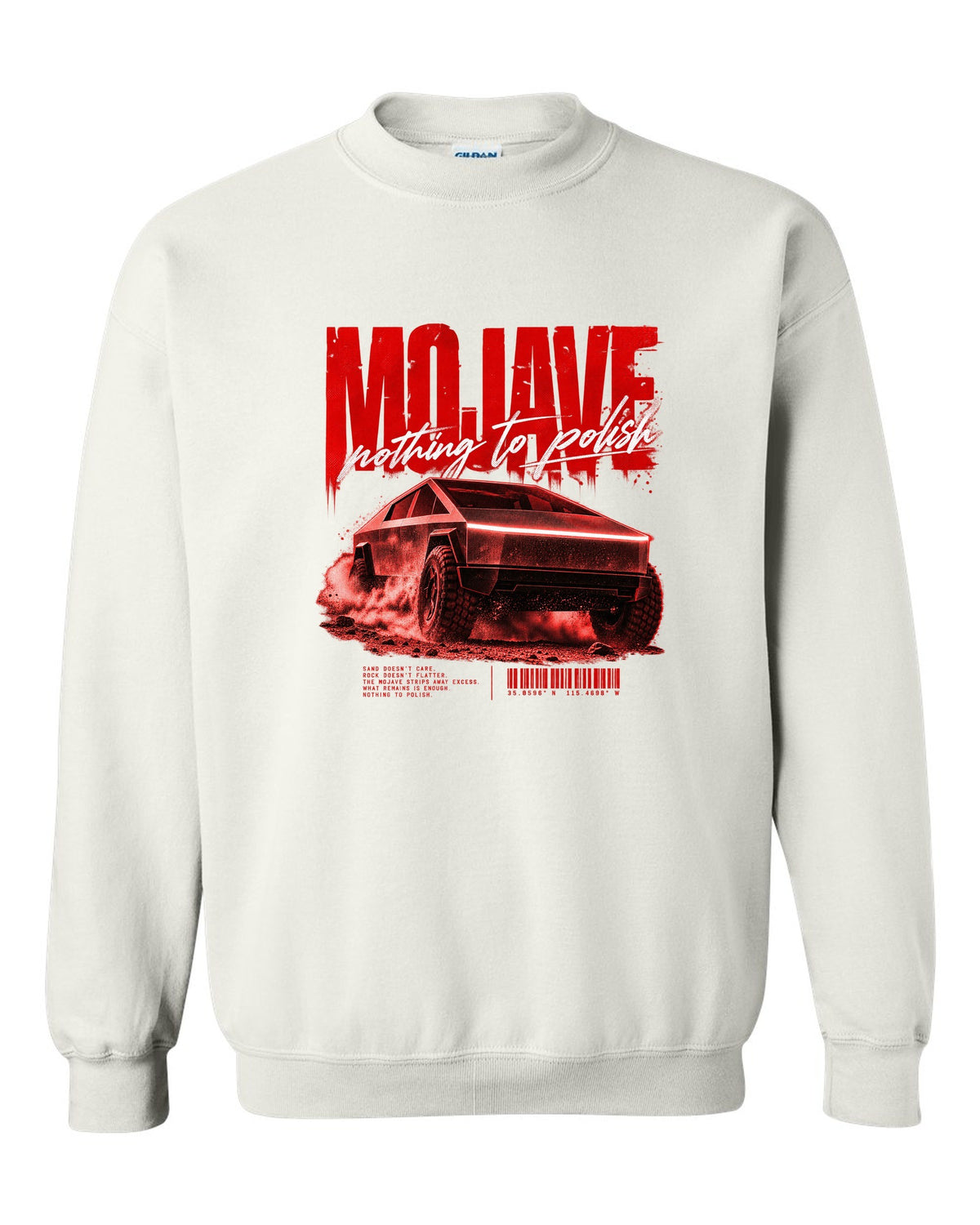 Tesla Cybertruck low front three-quarter on a Mojave desert road street poster white crewneck front view with the design