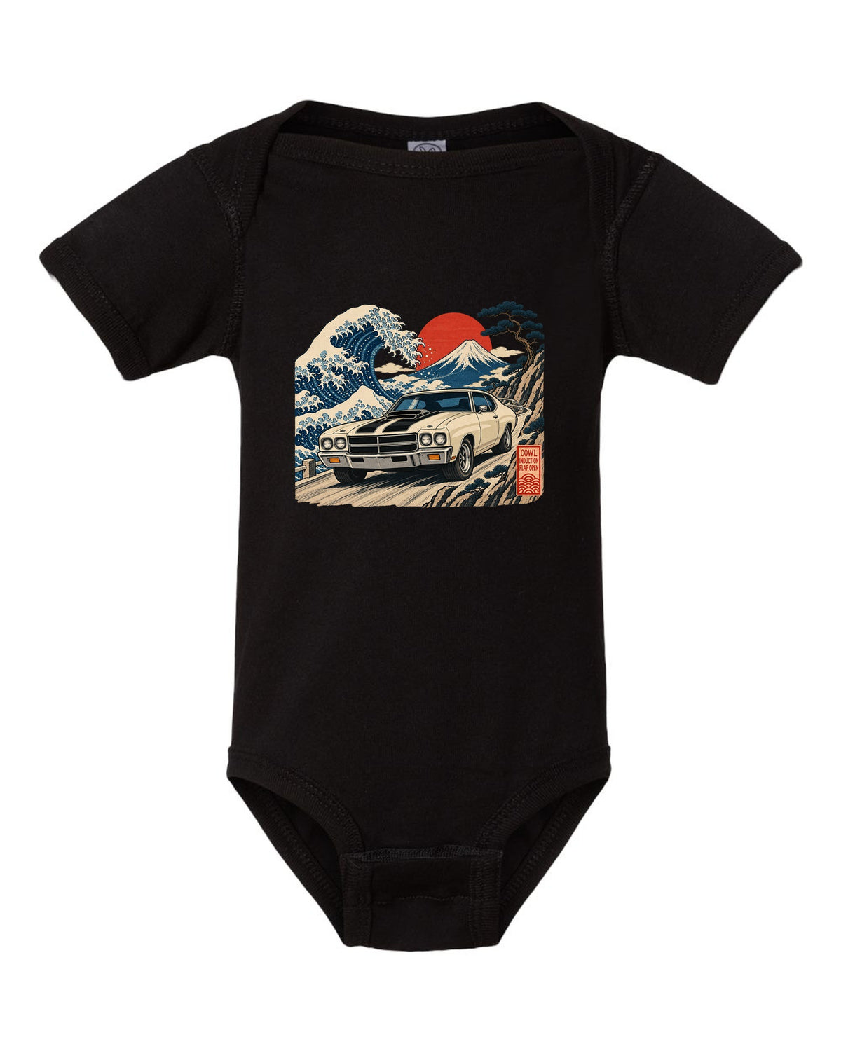 Ukiyo-e woodblock print of a 1970 Chevelle SS with the text Cowl Induction, Flap Open black baby onesie front view with the design