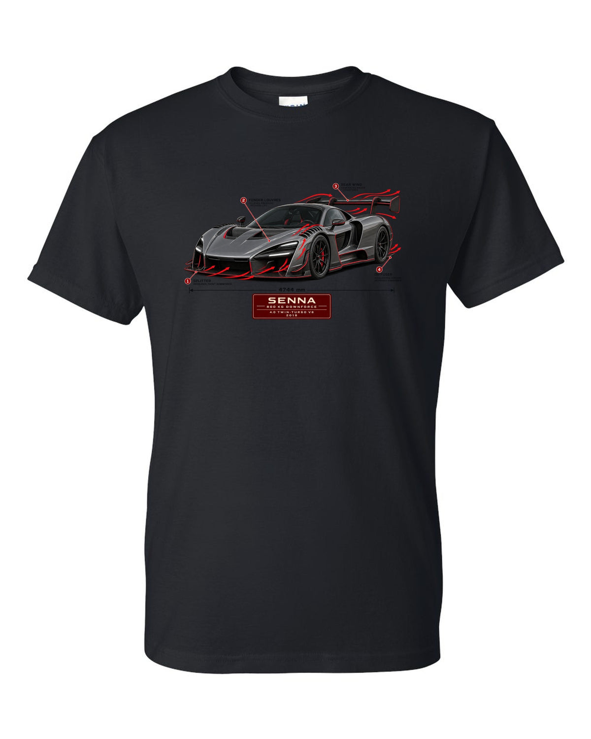 Aero callout print of a McLaren Senna showing 800 kg downforce black t-shirt front view with the design