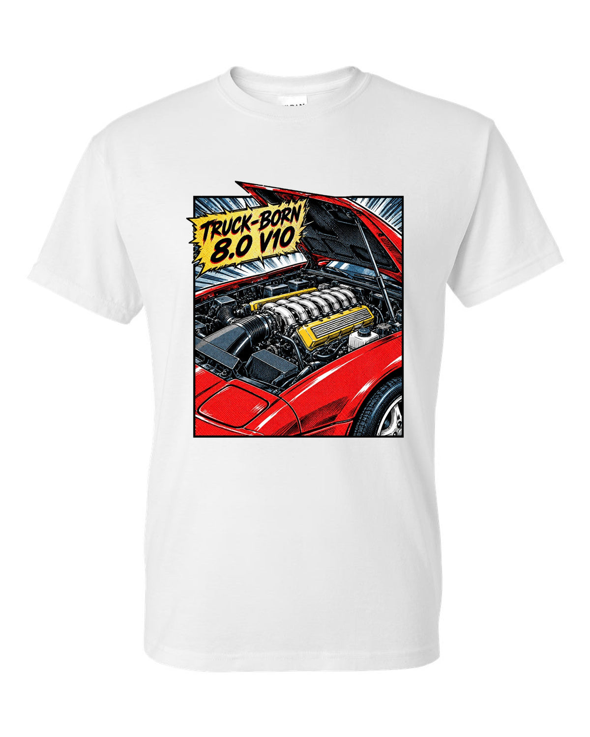 Retro manga halftone panel of a 1993 Dodge Viper RT/10 SR I with 8.0 V10 caption white t-shirt front view with the design
