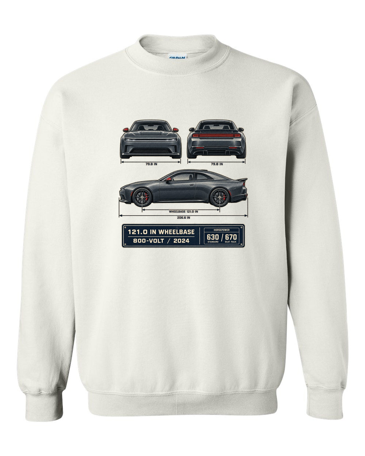 Dodge Charger Daytona Scat Pack 2024 dimension blueprint print white crewneck front view with the design
