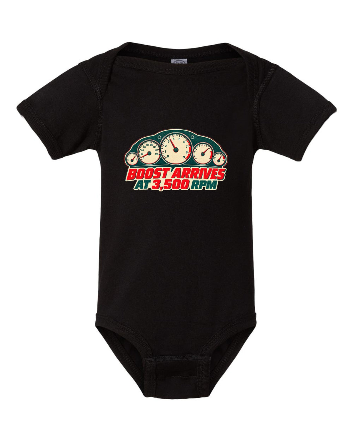 Risograph two-colour print of a tachometer for the Nissan Skyline GT-R R33 BCNR33 black baby onesie front view with the design