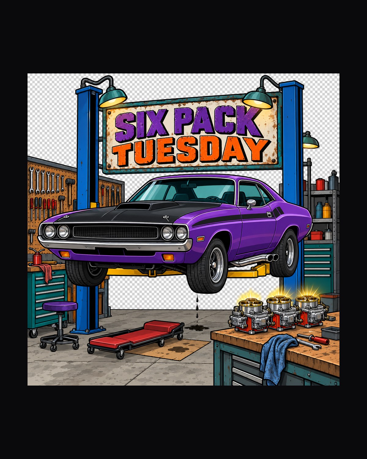 1970 Dodge Challenger T/A Six Pack Tuesday Garage Tee design only