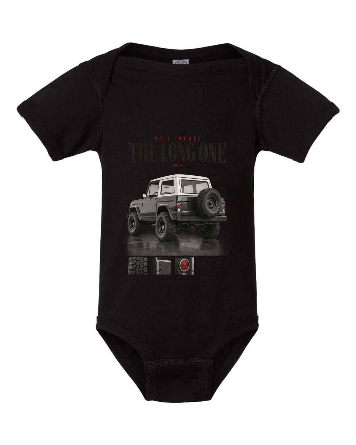 Editorial headline print for the Jeep CJ-7, 93.4 Inches The Long One black baby onesie front view with the design