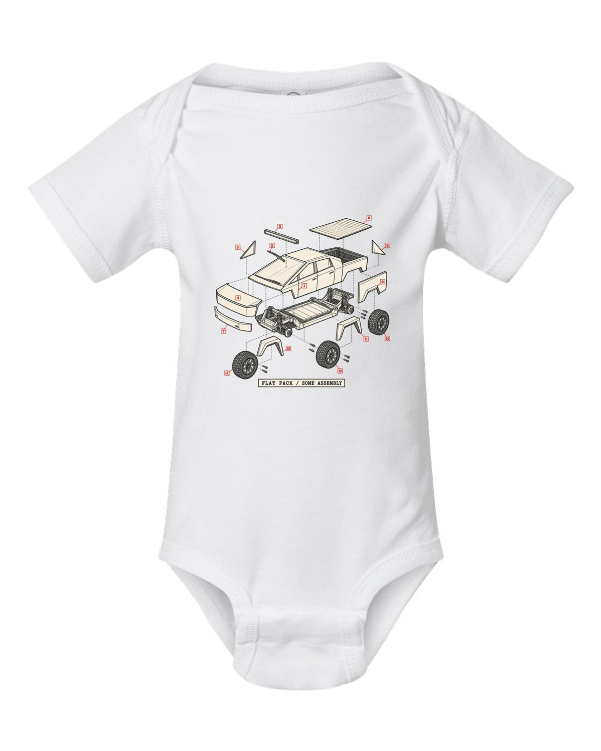 Isometric exploded-view patent drawing of a 2023 Tesla Cybertruck with the words Flat Pack Some Assembly white baby onesie front view with the design