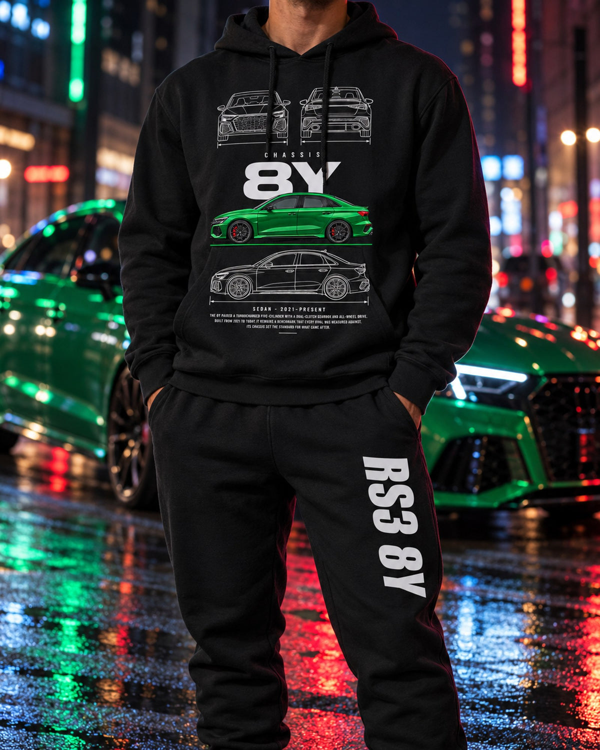 Audi RS3 8Y Blueprint Hoodie + Jogger Set Black worn hero