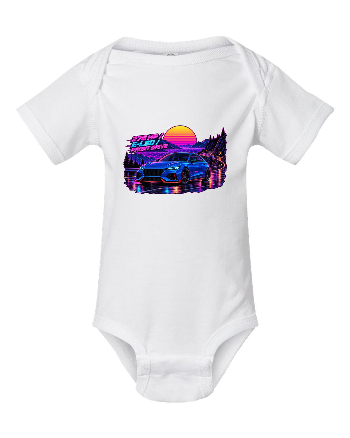 Hyundai Elantra N CN7 synthwave wet road print with 276 HP and E-LSD text white baby onesie front view with the design
