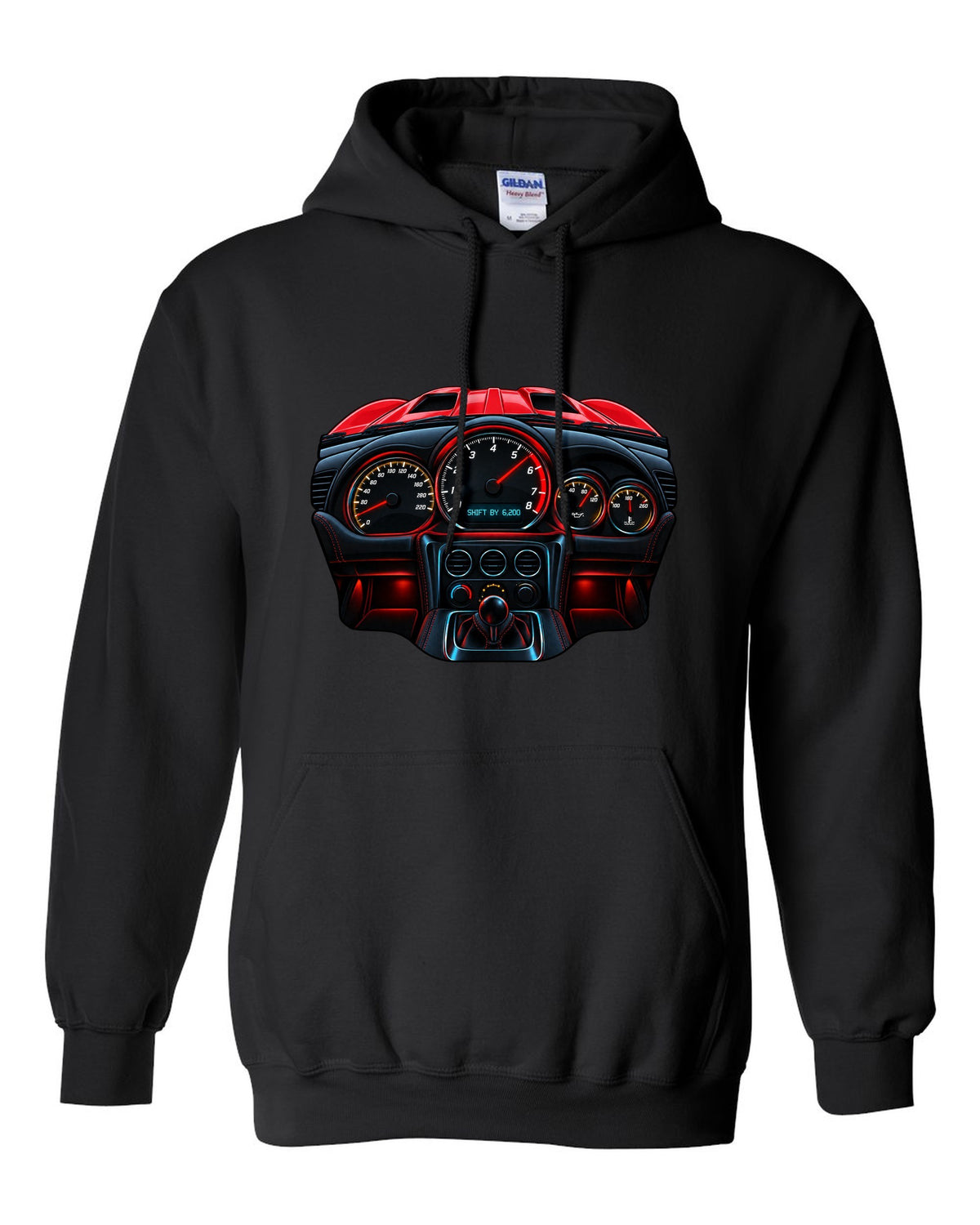 Gauge-cluster HUD design for a 2015 Dodge Viper VX I reading shift by 6,200 black pull over hoodie front view with the design