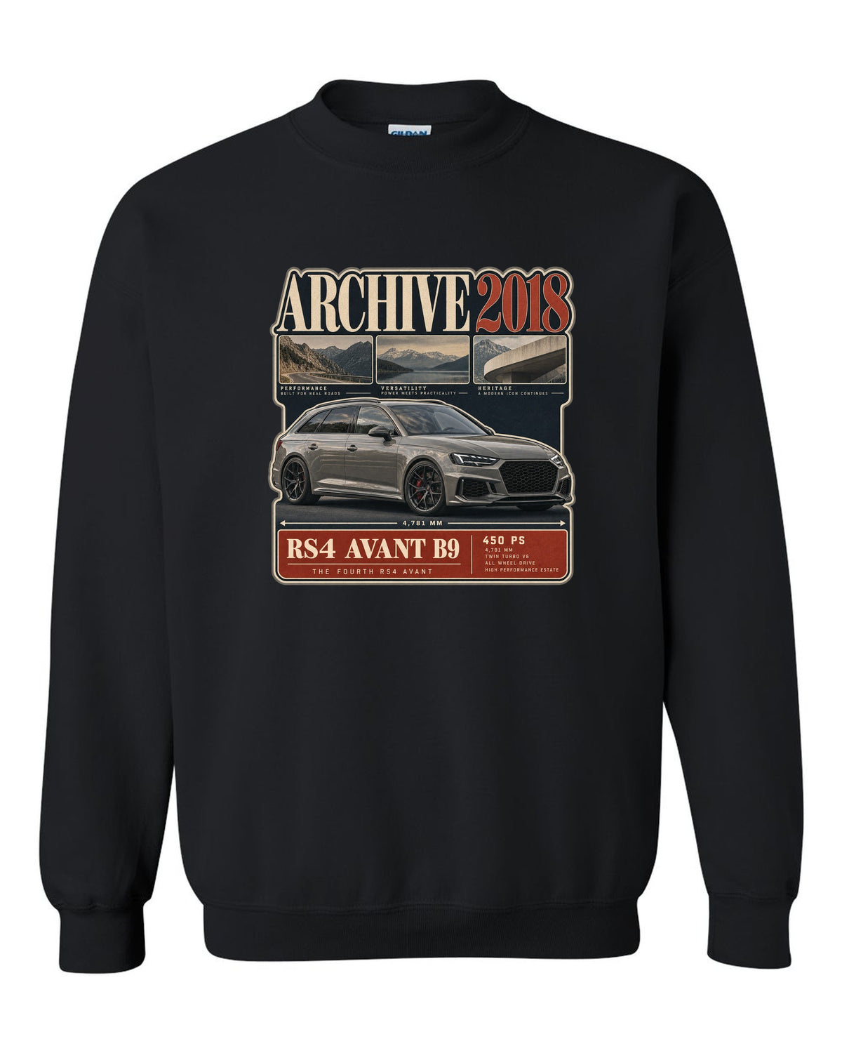 Audi RS4 Avant B9 archive panel print marked 2018 with 450 PS black crewneck front view with the design