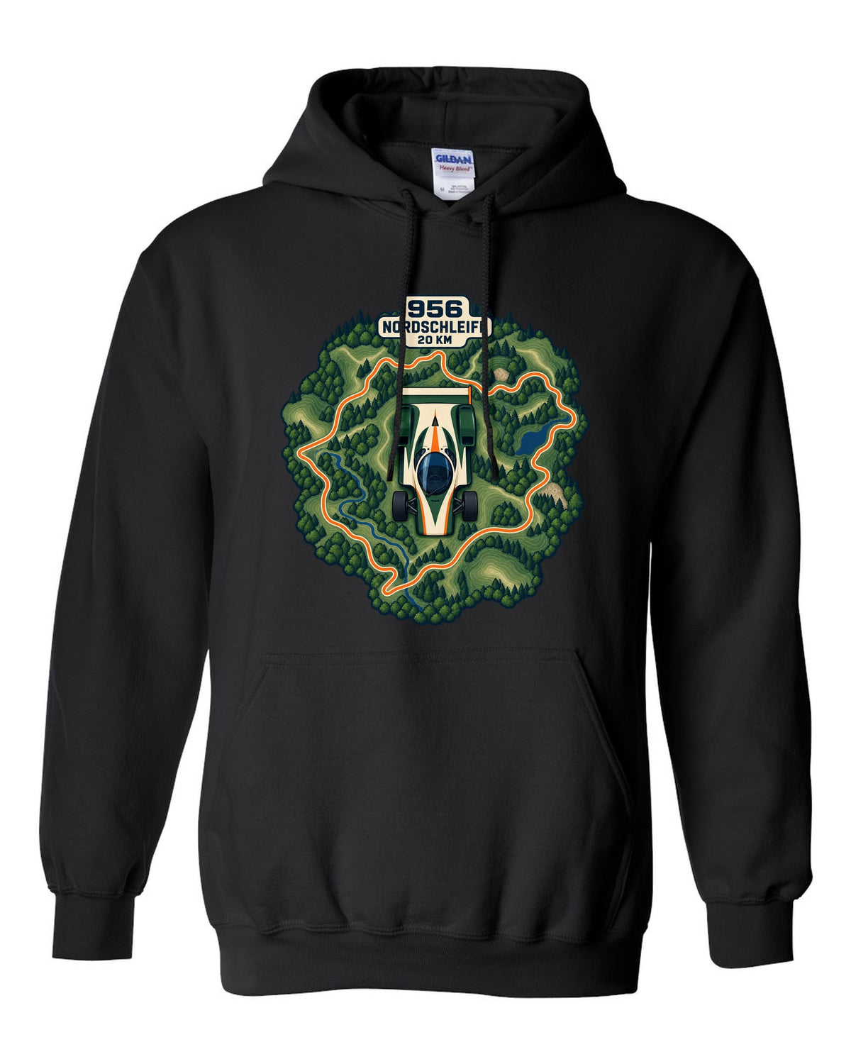Topographic route map of the Nordschleife with Porsche 956 lettering black pull over hoodie front view with the design