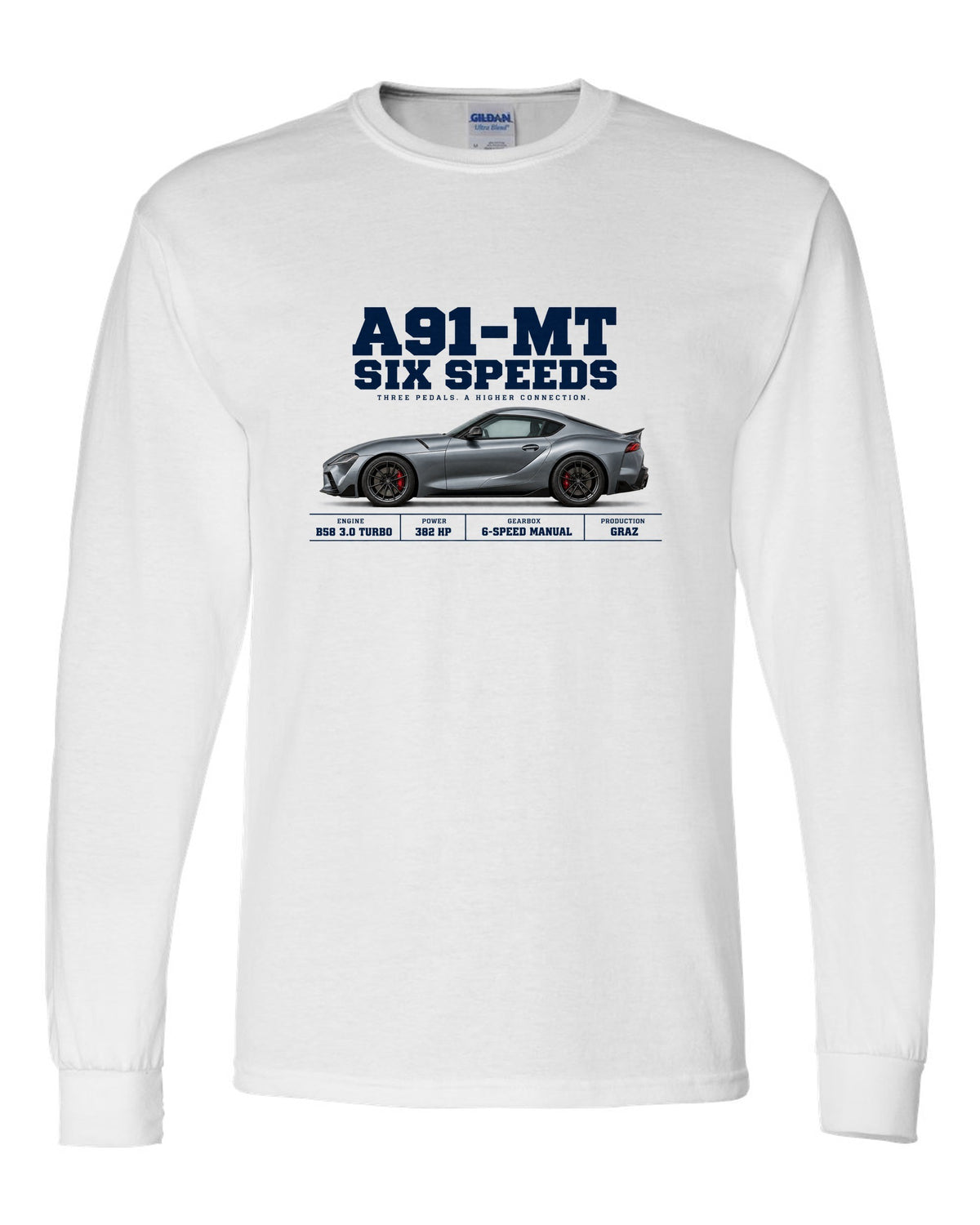 Signal red Toyota GR Supra A91-MT shown in three views with spec table white long sleeve front view with the design