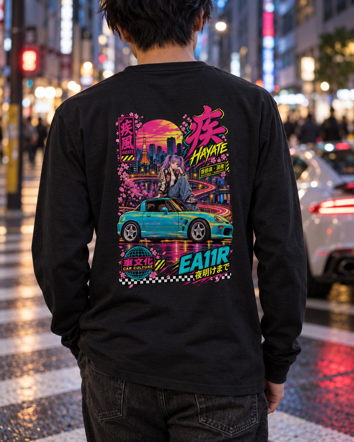 HAYATE EA11R Anime Girl Full-Back Graphic Tee Long Sleeve Black worn hero