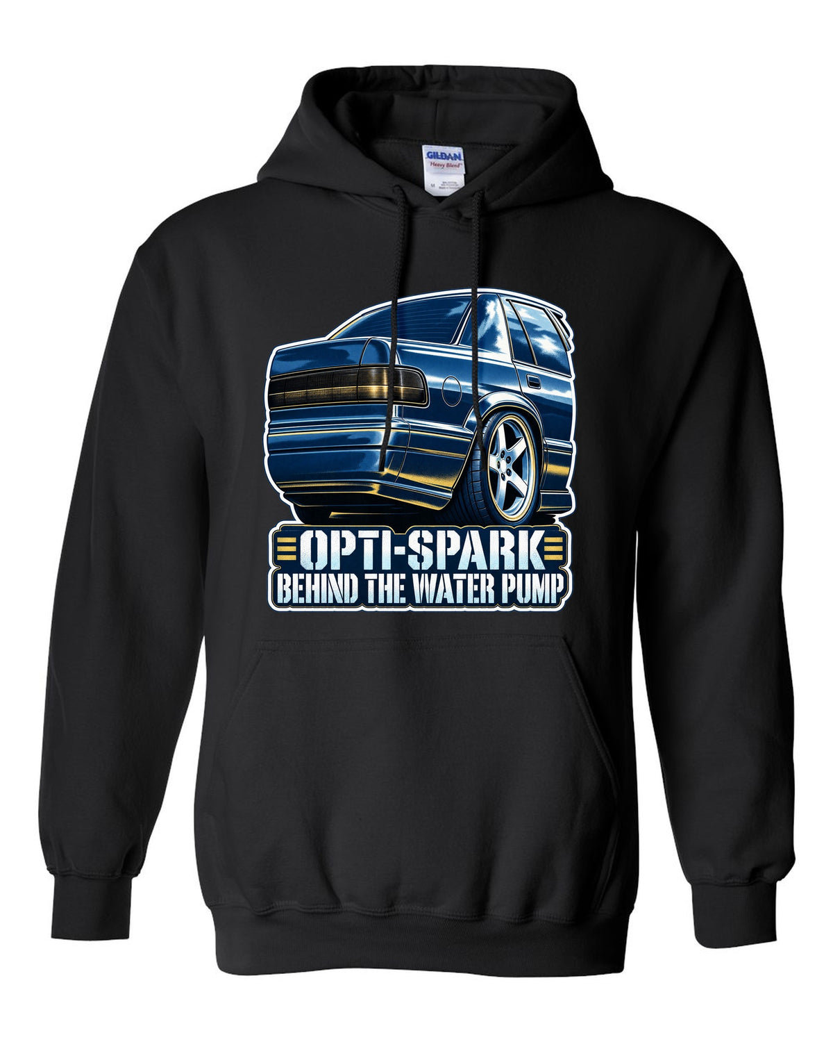 Blue cyanotype print of a 1994-96 Chevrolet Impala SS LT1 wheel with the text Opti-Spark Behind the Water Pump black pull over hoodie front view with the design