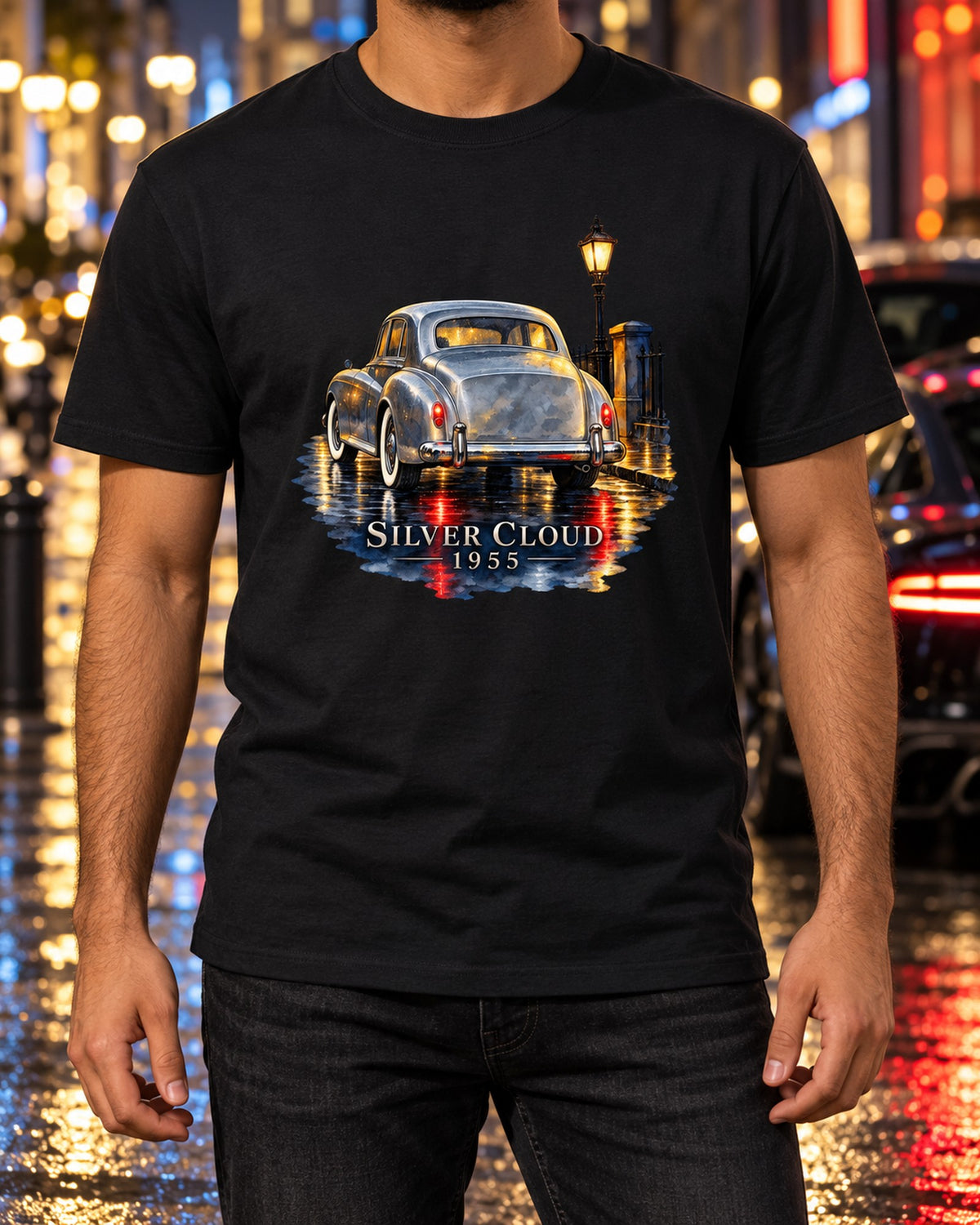 Rolls-Royce Silver Cloud 1955 Rainy Night Watercolour Shirt T-Shirt Black worn hero