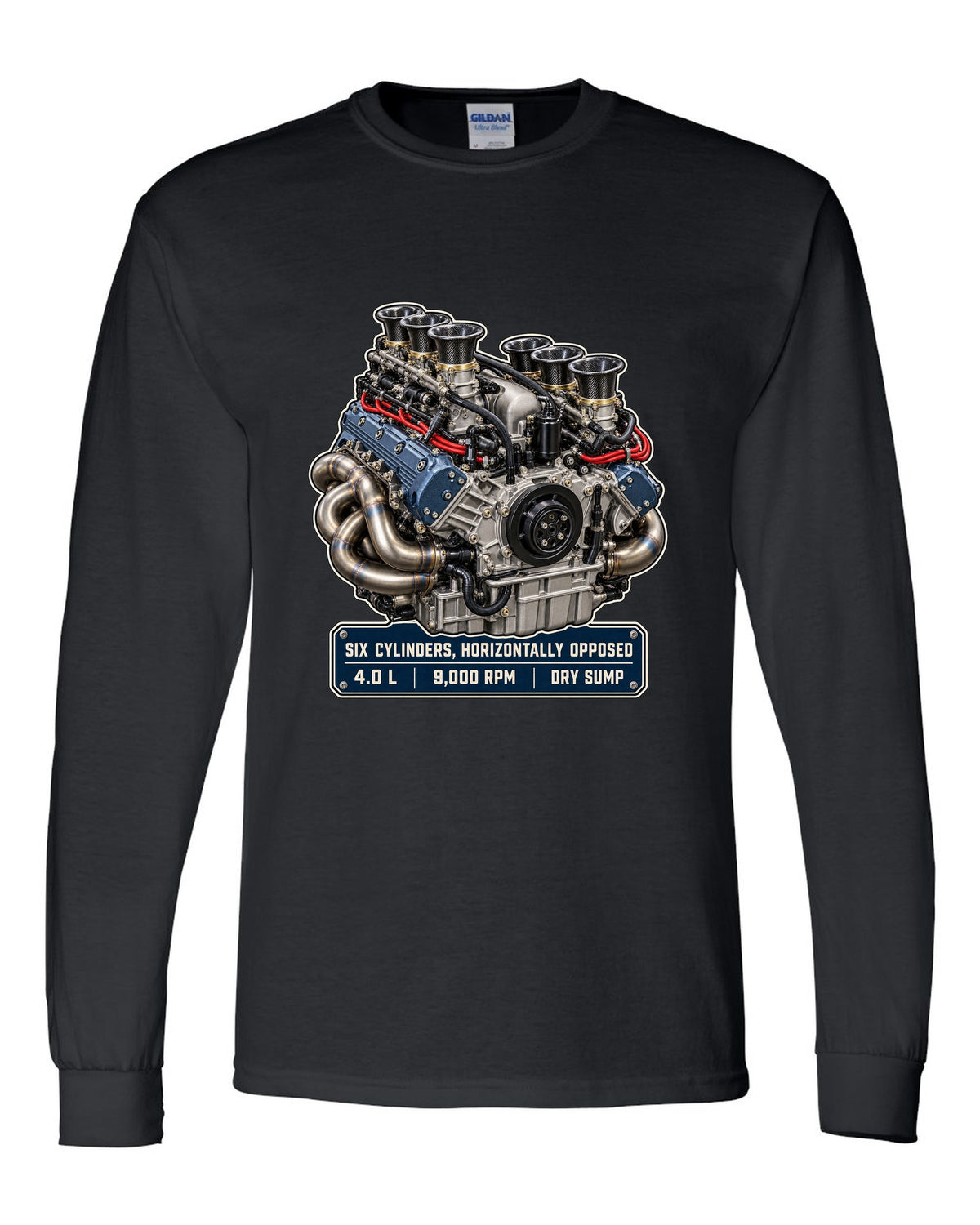 Porsche 992 GT3 RS 4.0 flat-six engine hero print design black long sleeve front view with the design
