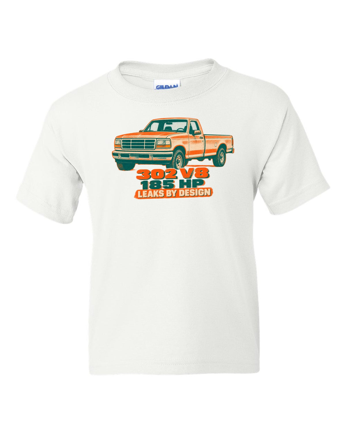 Risograph-style art of a 1992-97 Ford F-150 OBS tailgate in mud with 302 V8 185 HP lettering white kids tee front view with the design