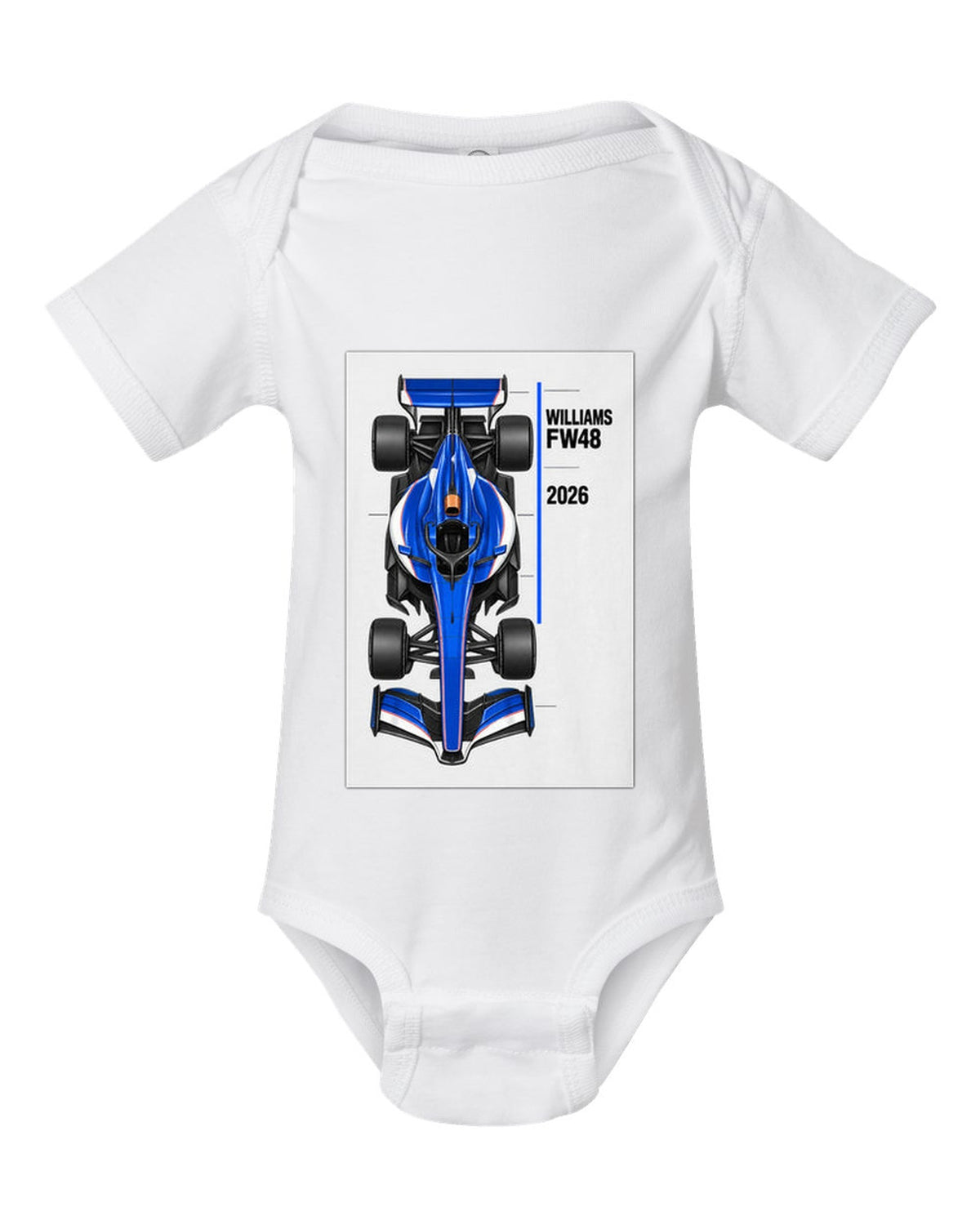 Williams FW48 2026 F1 car technical poster artwork white baby onesie front view with the design