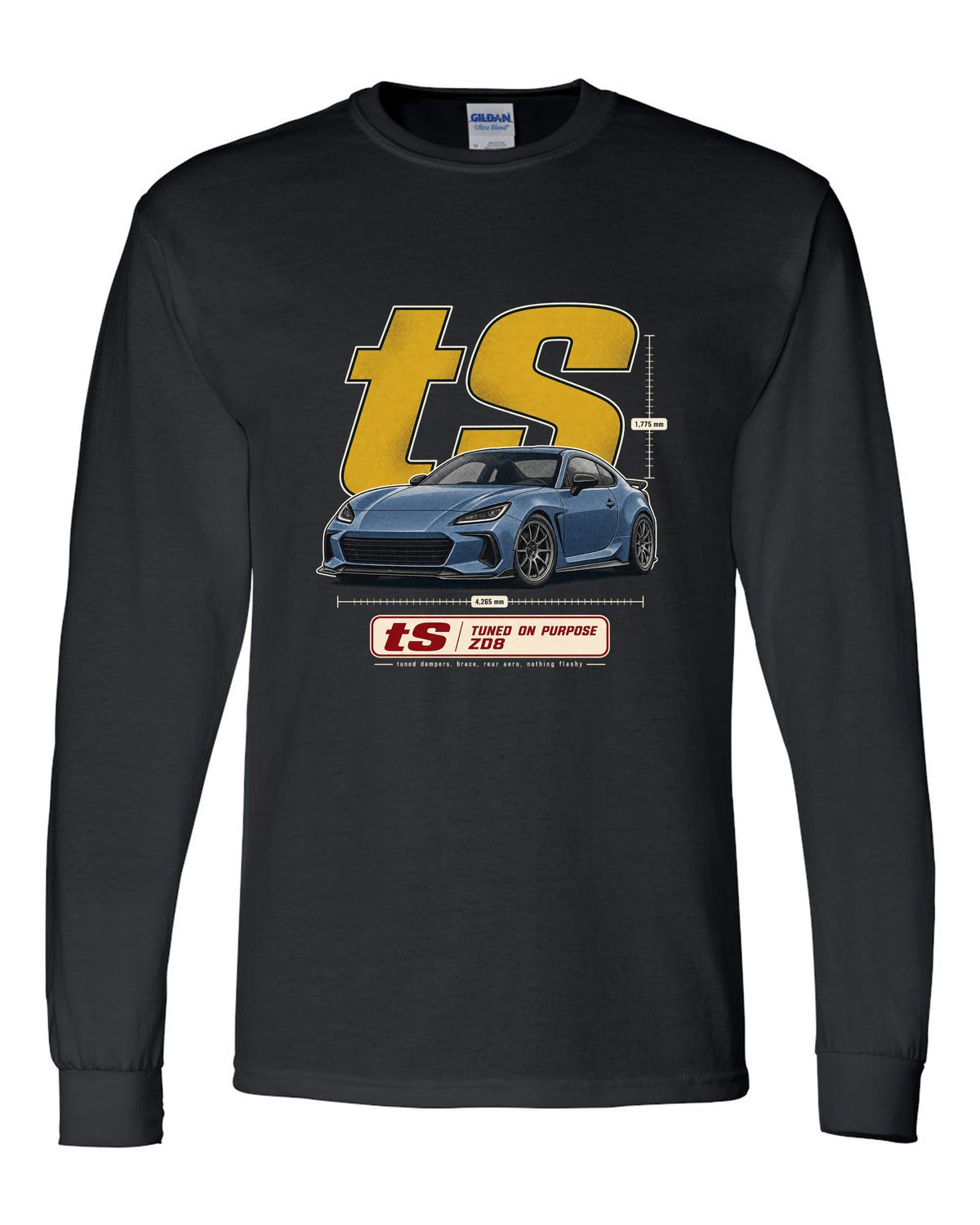 Halftone poster-style print of a Subaru BRZ tS ZD8 with tuning statement lettering black long sleeve front view with the design
