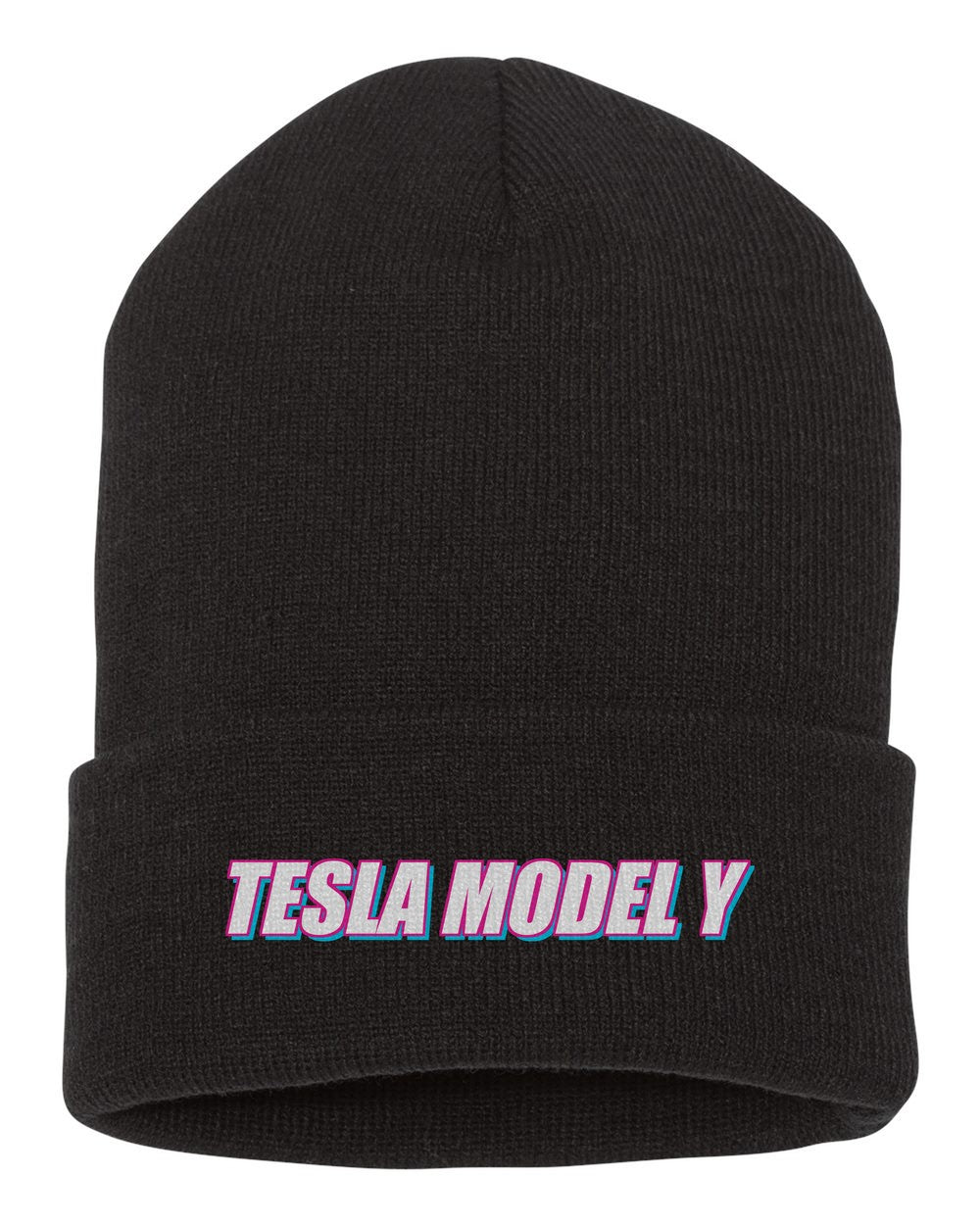 Tesla Model Y black beanie front view with car name