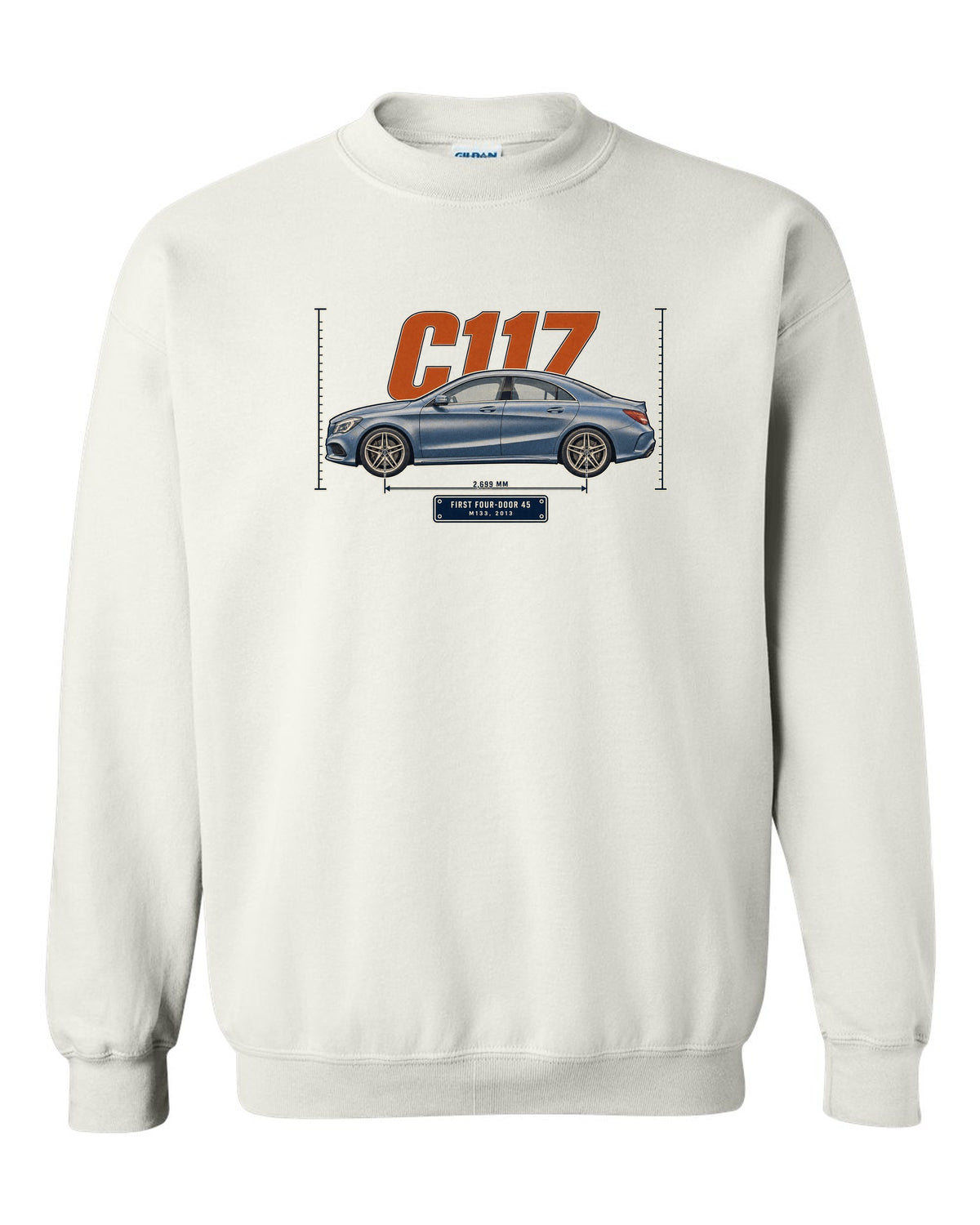 Mercedes-AMG CLA 45 C117 sedan halftone print white crewneck front view with the design