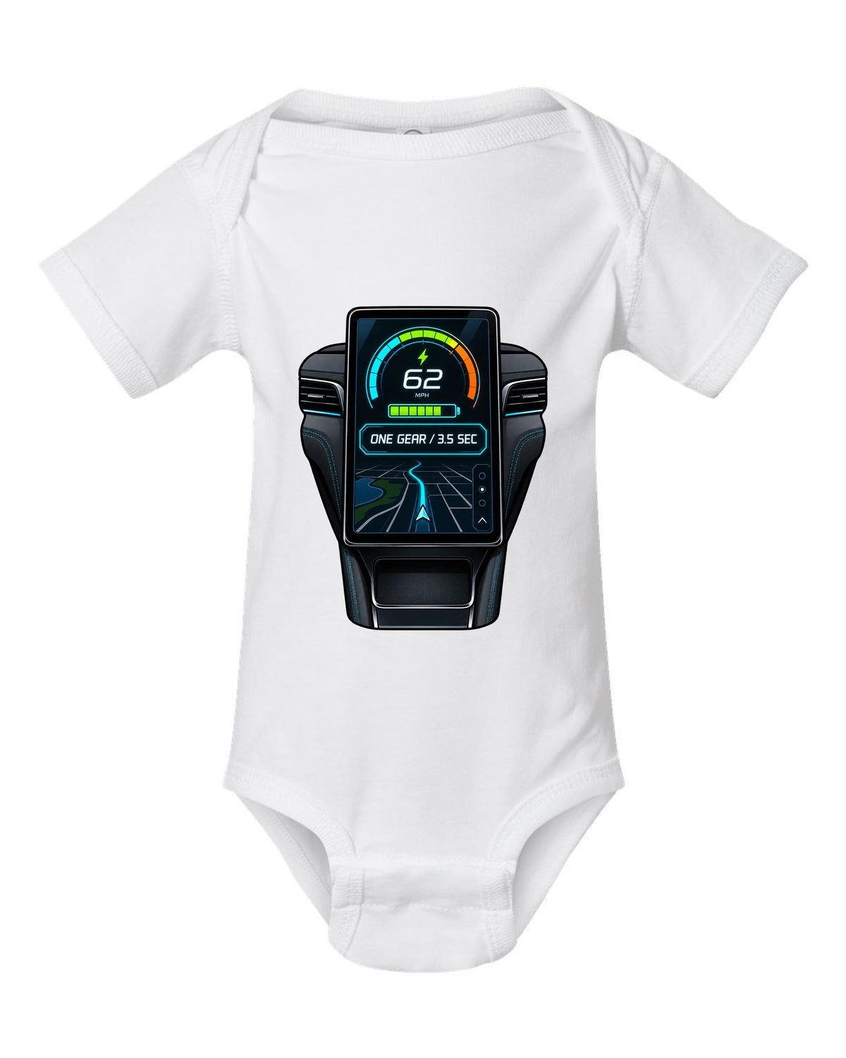Round embroidery-style crest print for the 2020 Mustang Mach-E CX727 reading 88 kWh Extended Range white baby onesie front view with the design