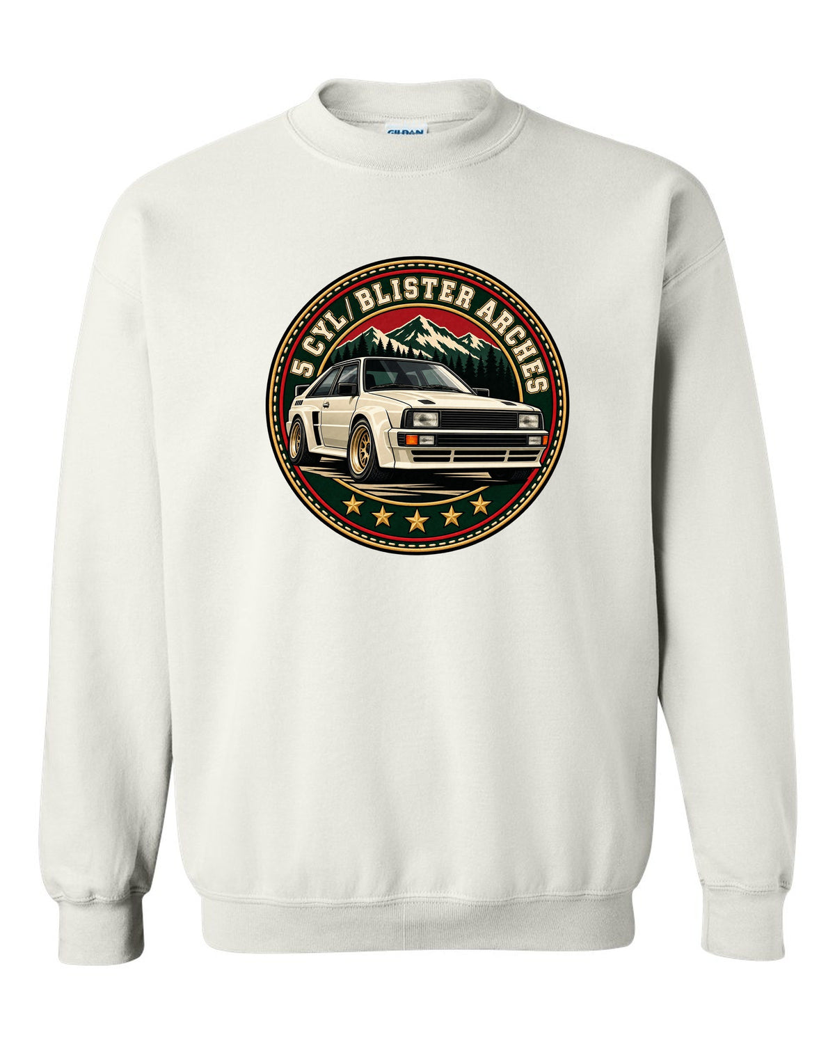 Varsity crest print of an Audi Ur-Quattro with blister arches text white crewneck front view with the design