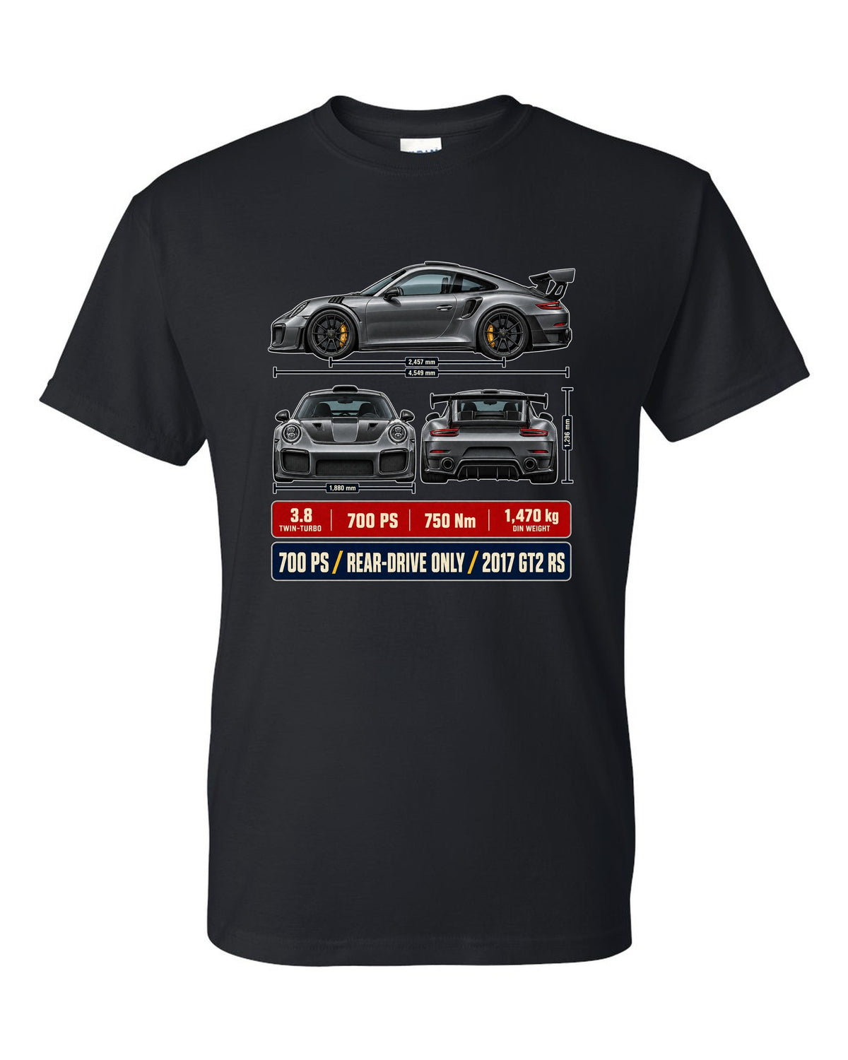 Porsche 911 GT2 RS 991.2 three-view dossier print design black t-shirt front view with the design