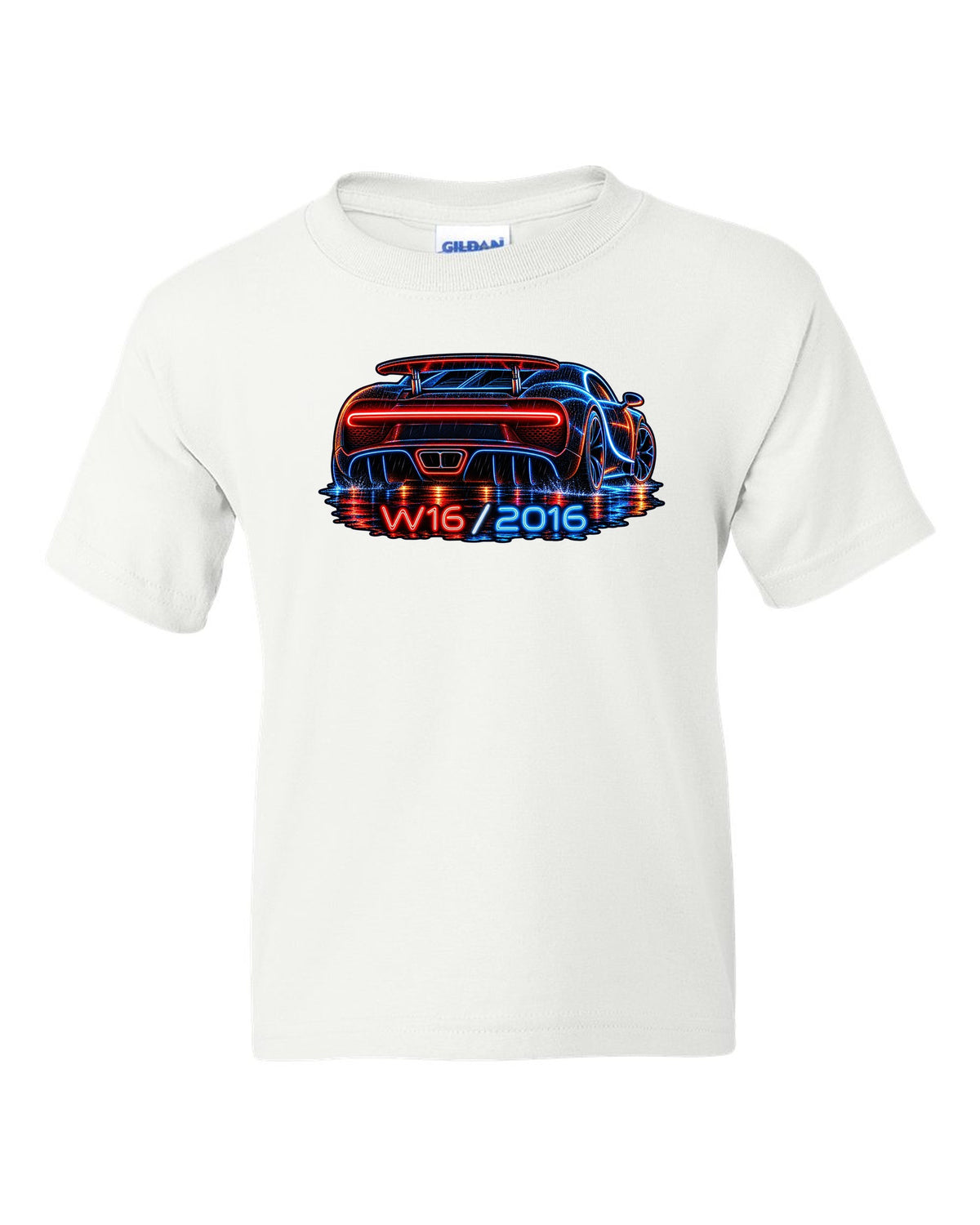 Neon sign style illustration of the Bugatti Chiron rear light bar in rain with W16 2016 lettering white kids tee front view with the design